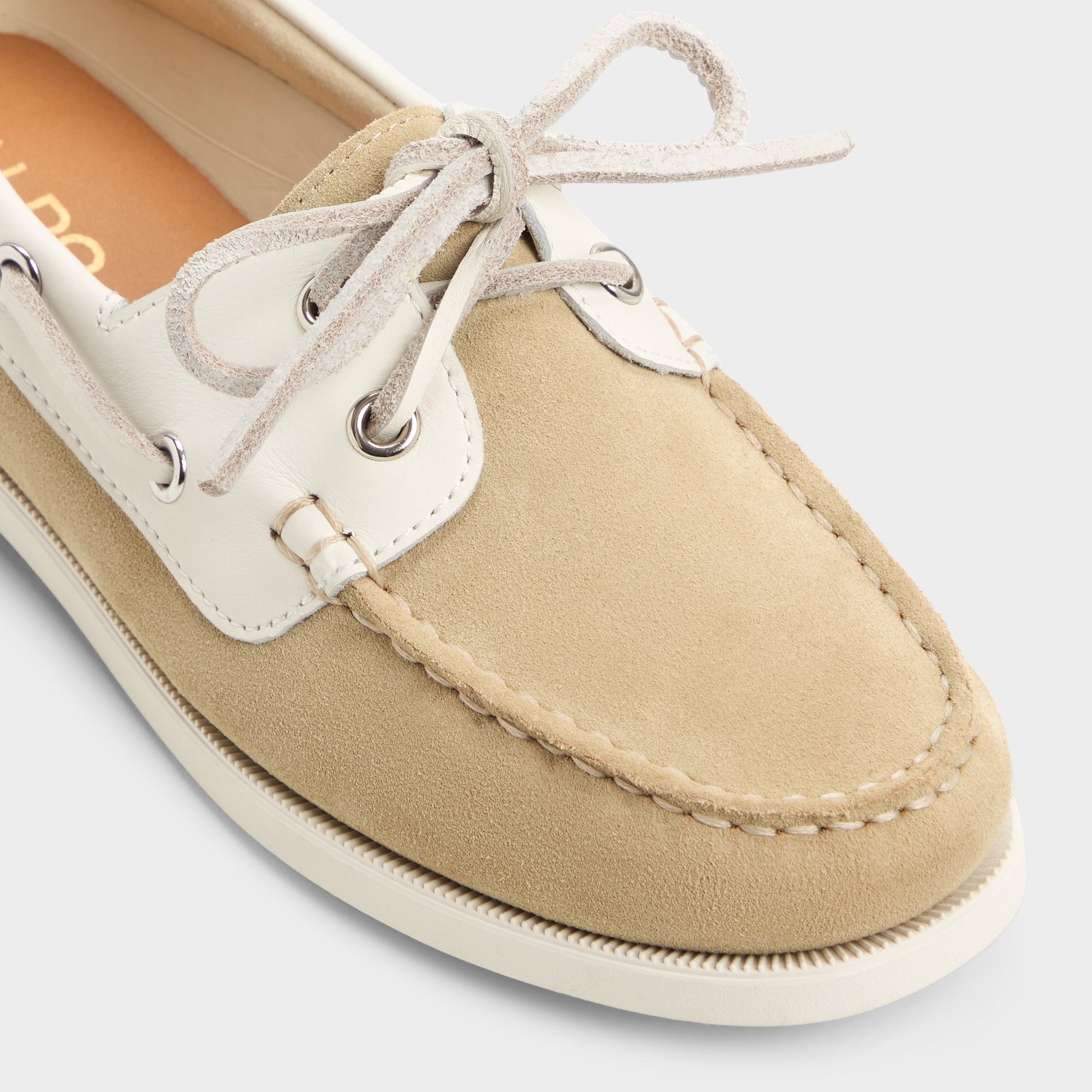 Close-up of the Beige Combo Harborchic Boat shoe