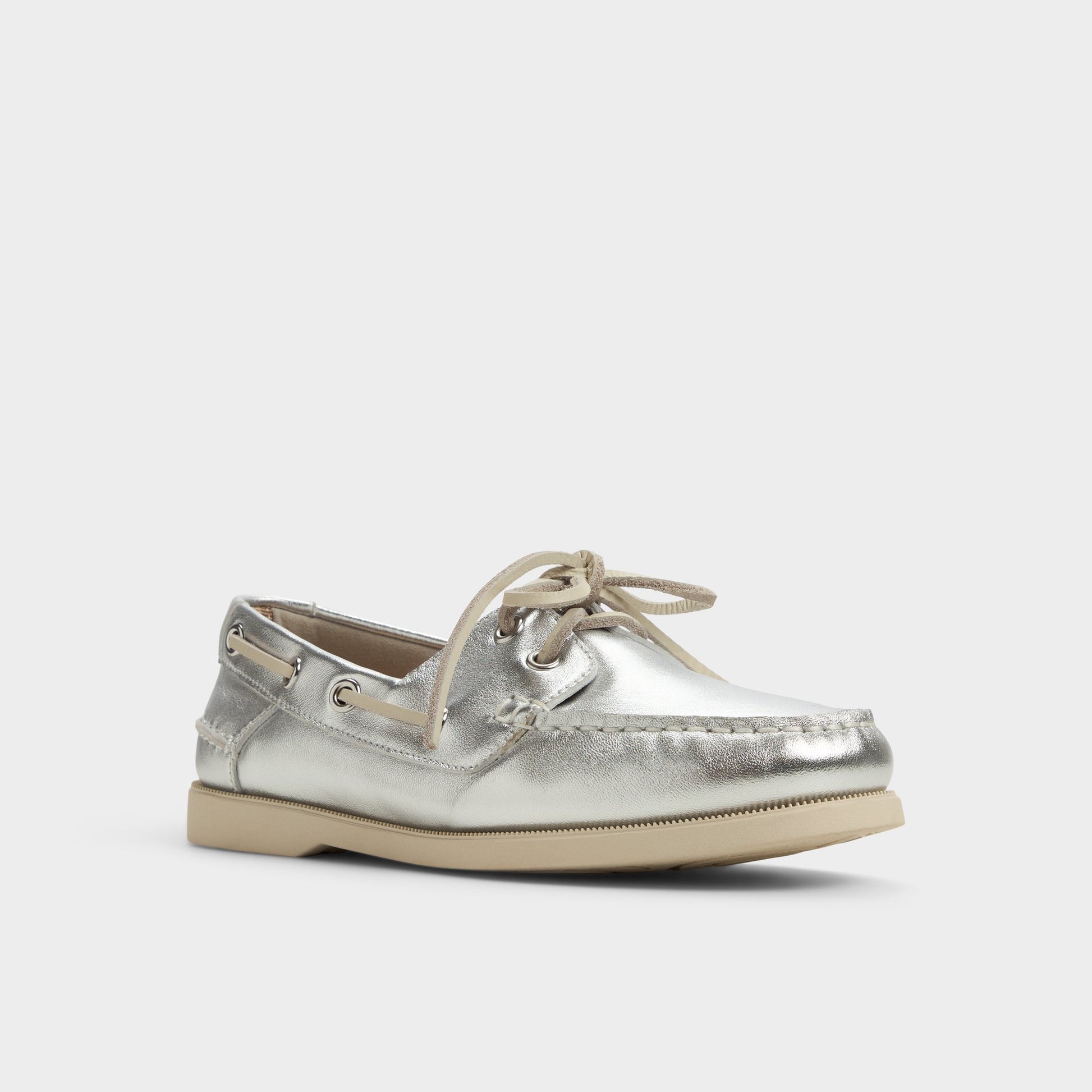 Three-quarter angle of Silver Harborchic Boat shoe's front side