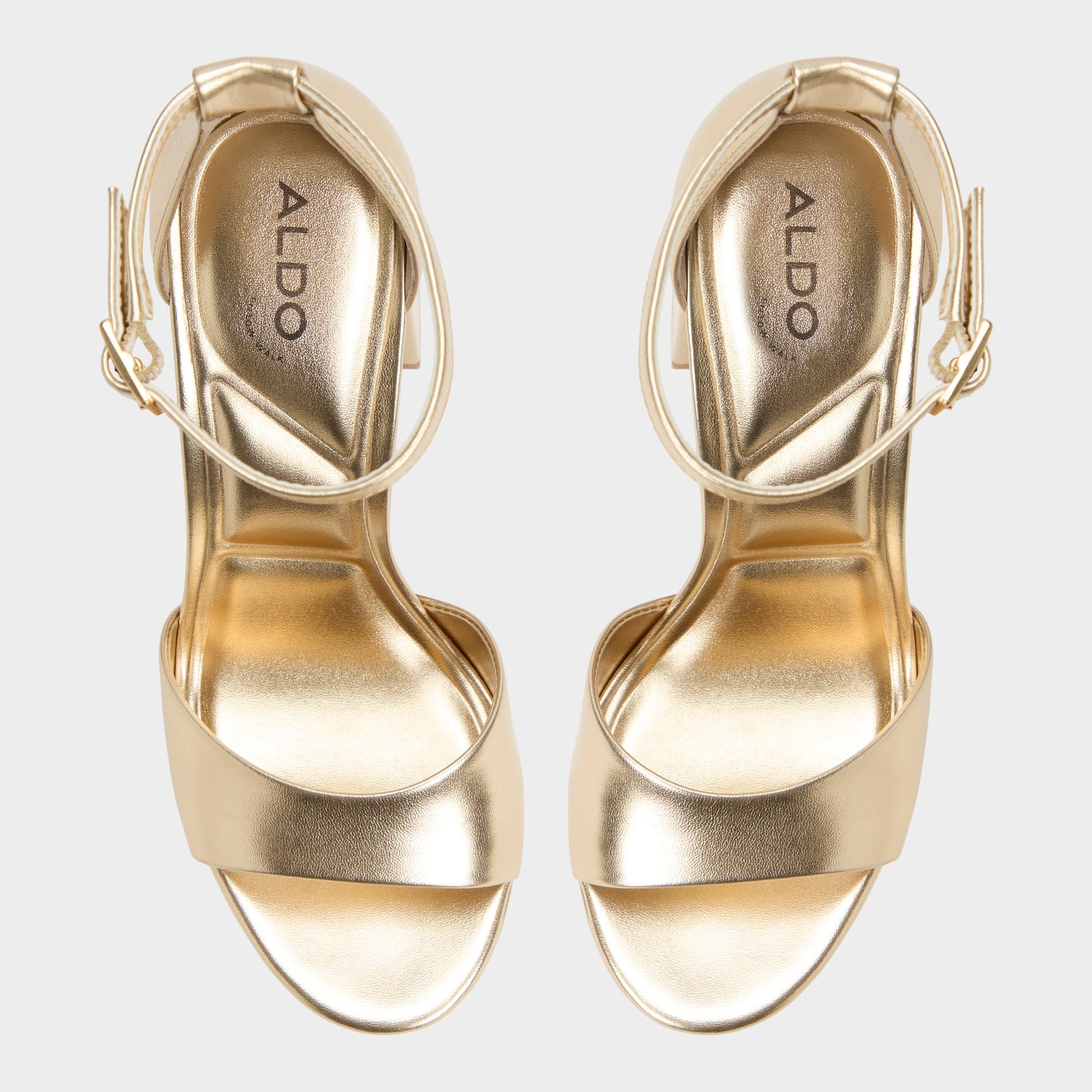 Top-down view of the Gold Enaegyn2.0 Strappy heeled sandal