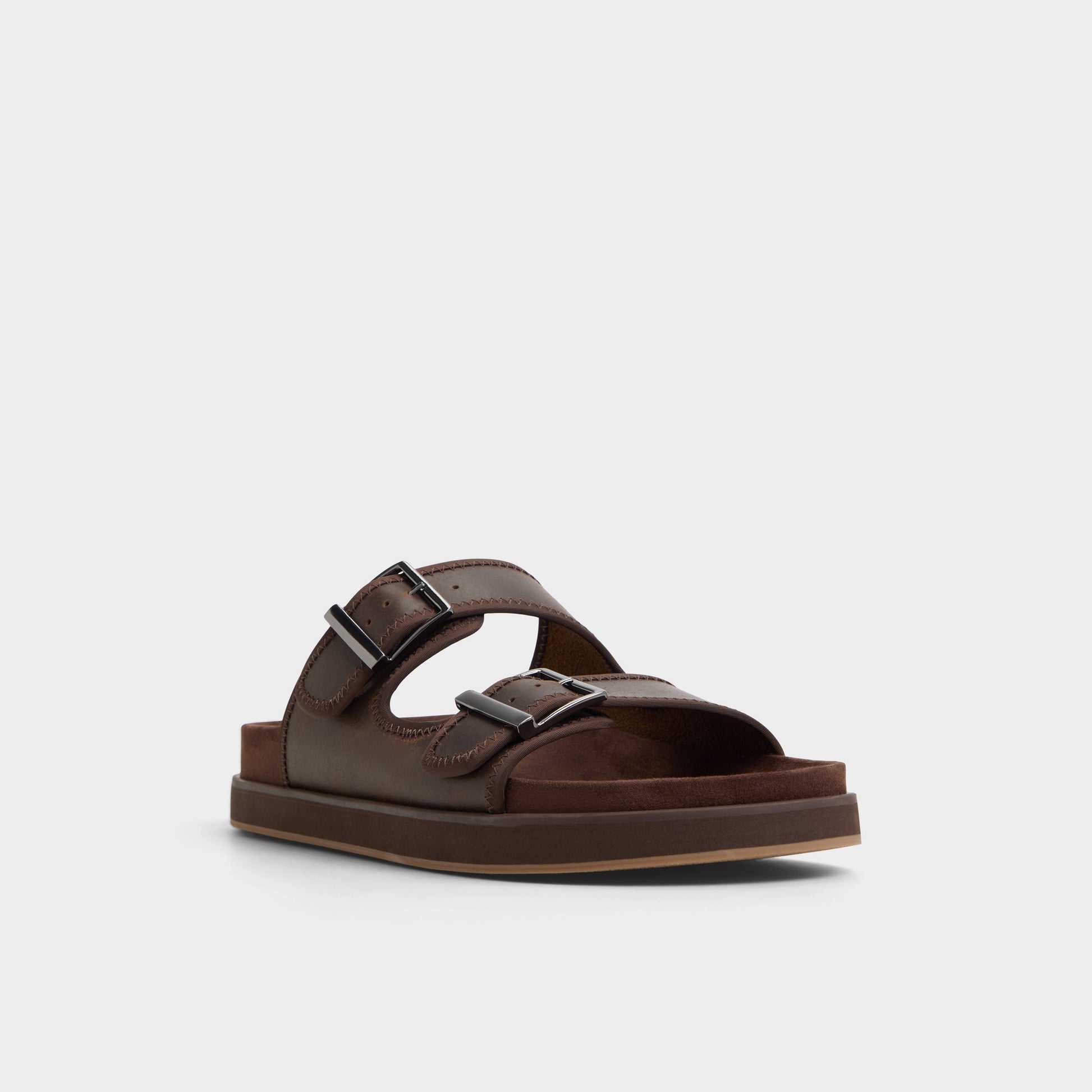 Three-quarter angle of Dark Brown Sunnyside Slide sandal's front side