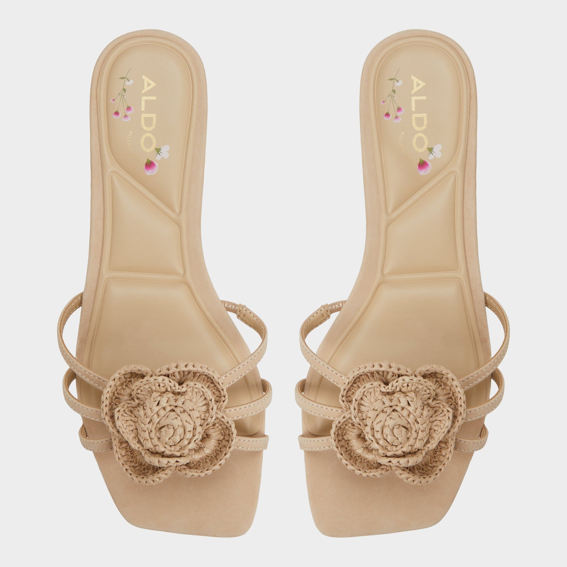 Top-down view of the Sand Wildbloom Strappy flat sandal