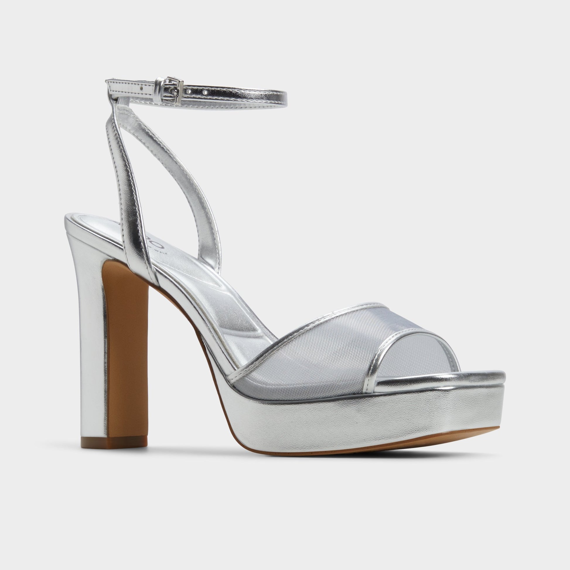 Three-quarter angle of Silver Chicglimmer Strappy heeled sandal's front side