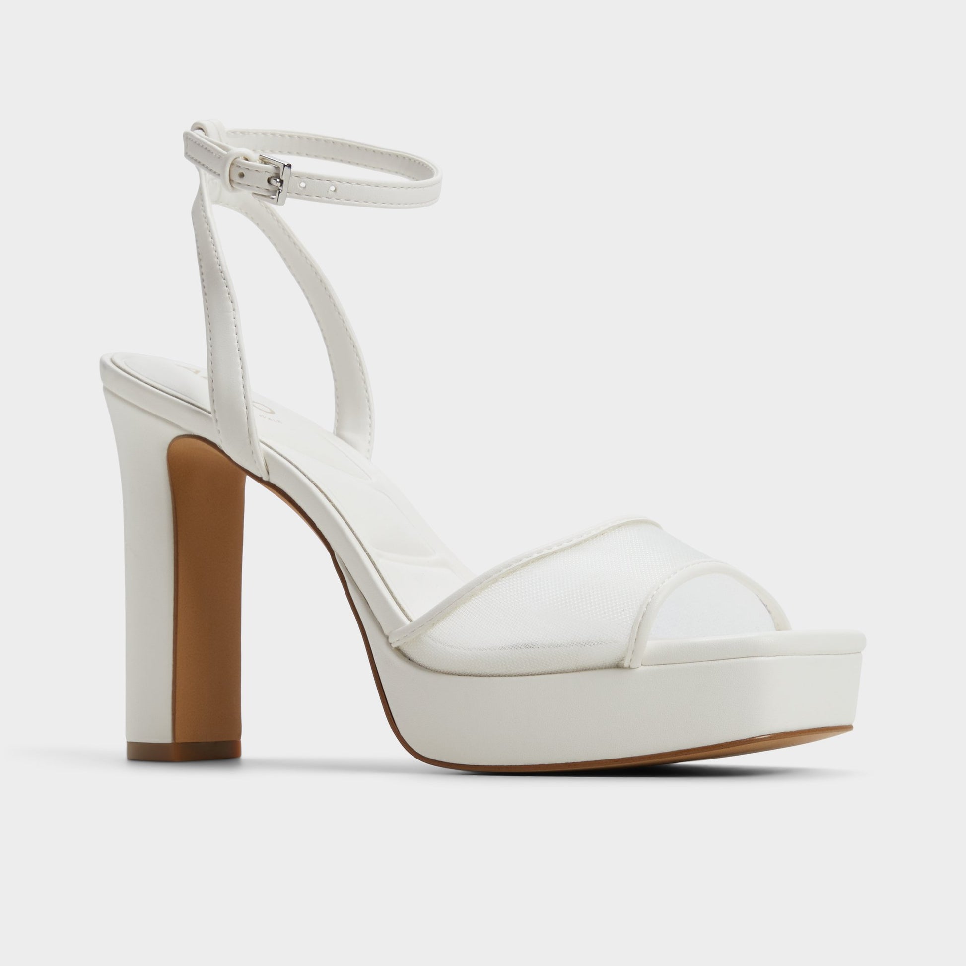 Three-quarter angle of Other White Chicglimmer Strappy heeled sandal's front side