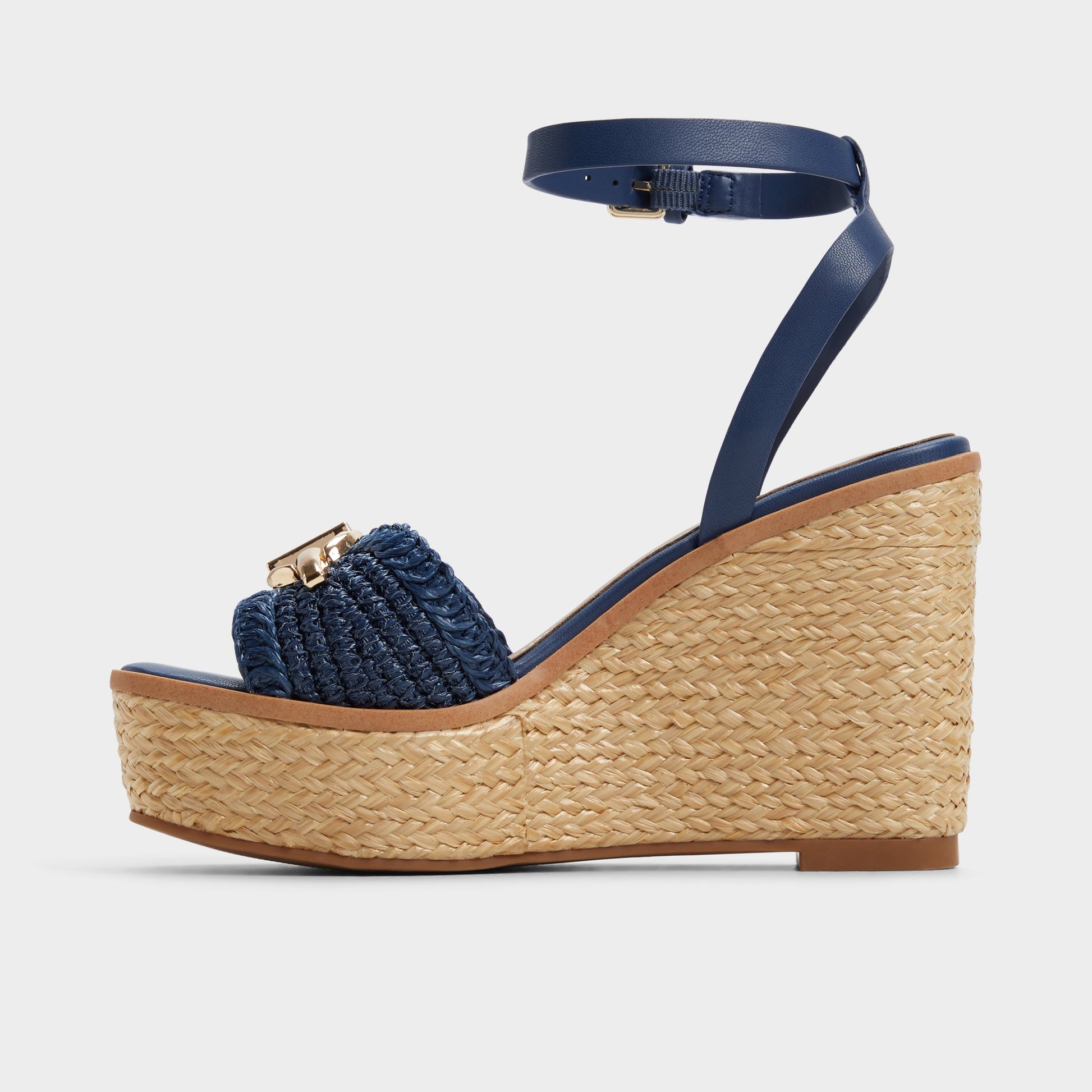 Side view of Navy Ybylin Wedge sandal