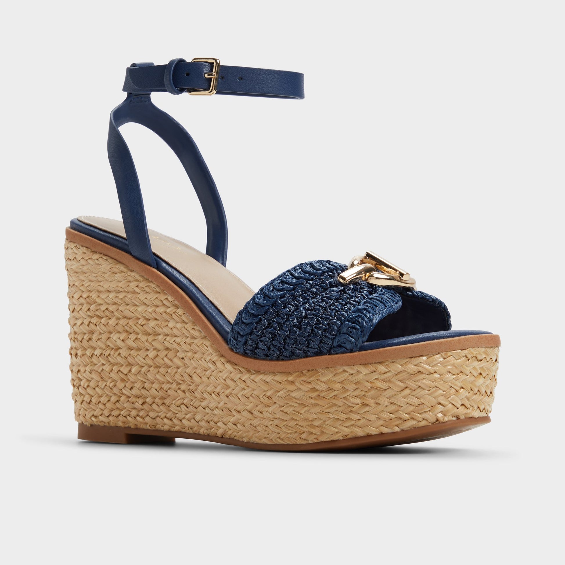 Three-quarter angle of Navy Ybylin Wedge sandal's front side