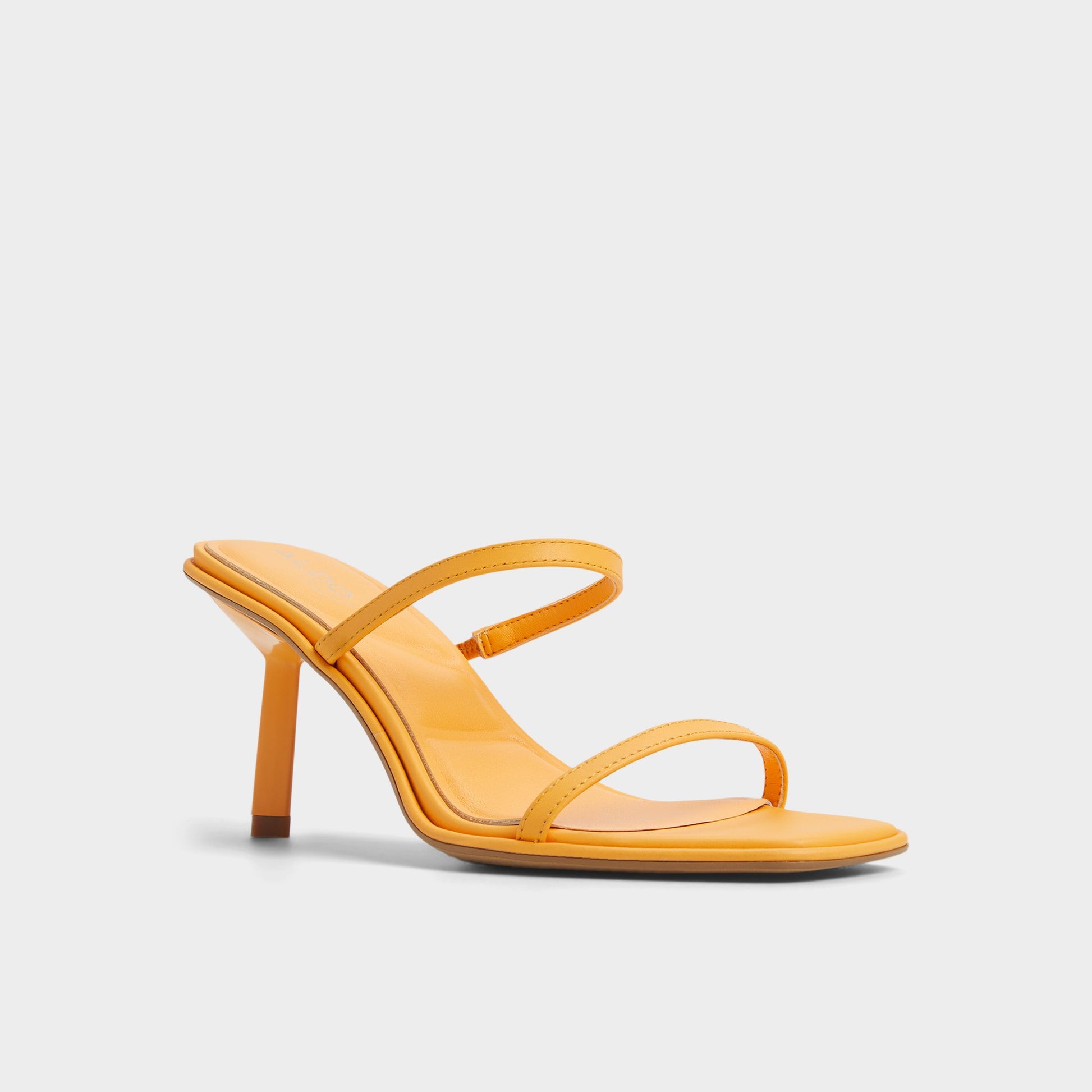 Three-quarter angle of Medium Orange Calalden Strappy heeled sandal's front side