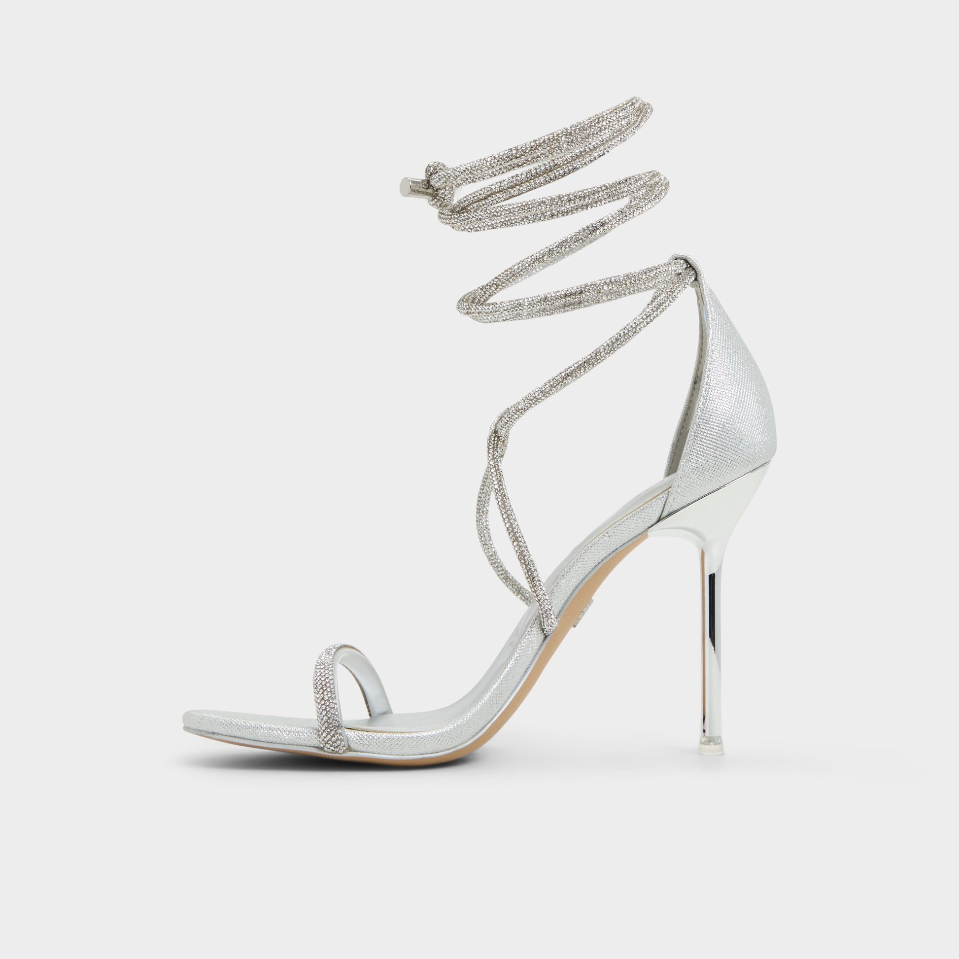 Side view of Silver Caladonia Strappy heeled sandal