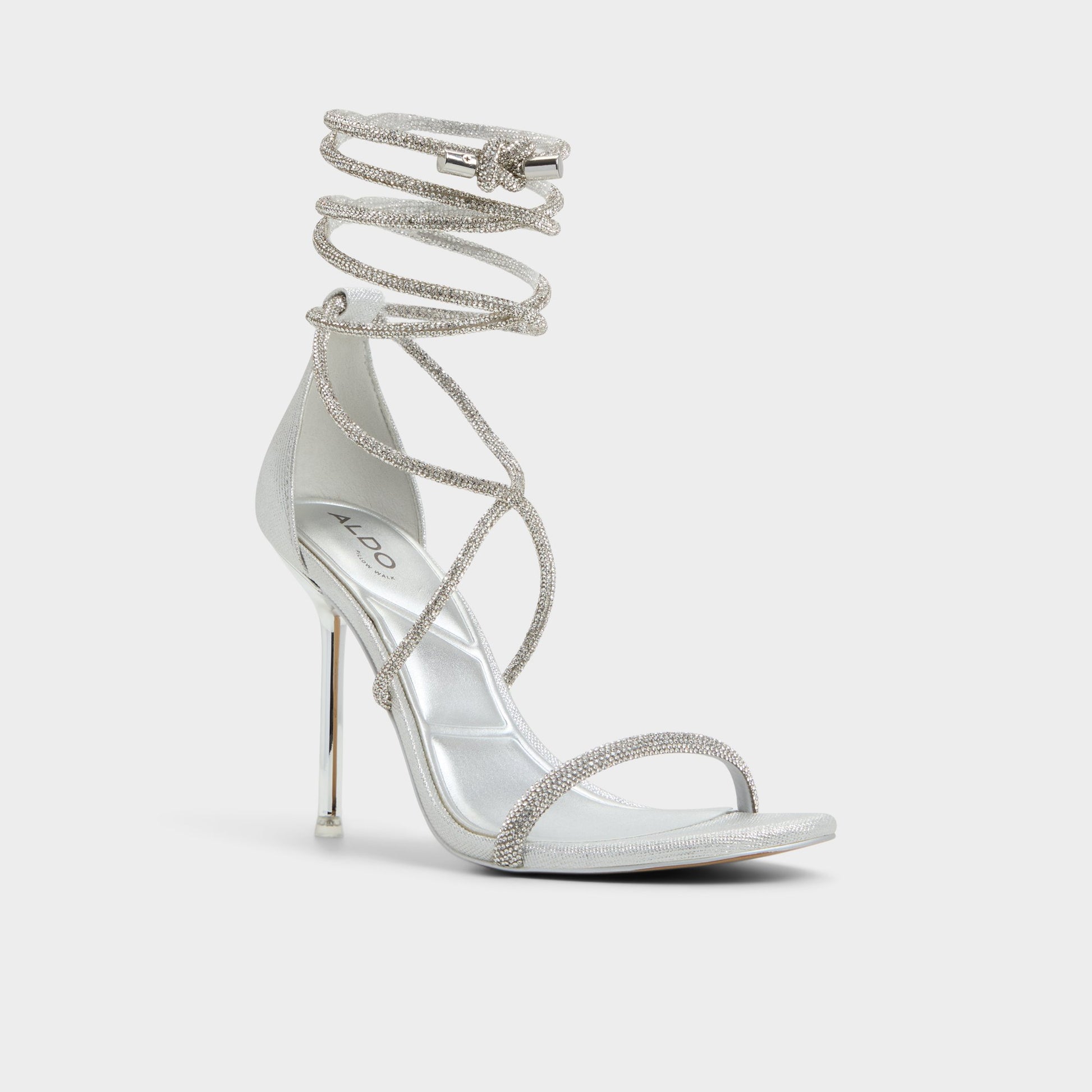 Three-quarter angle of Silver Caladonia Strappy heeled sandal's front side