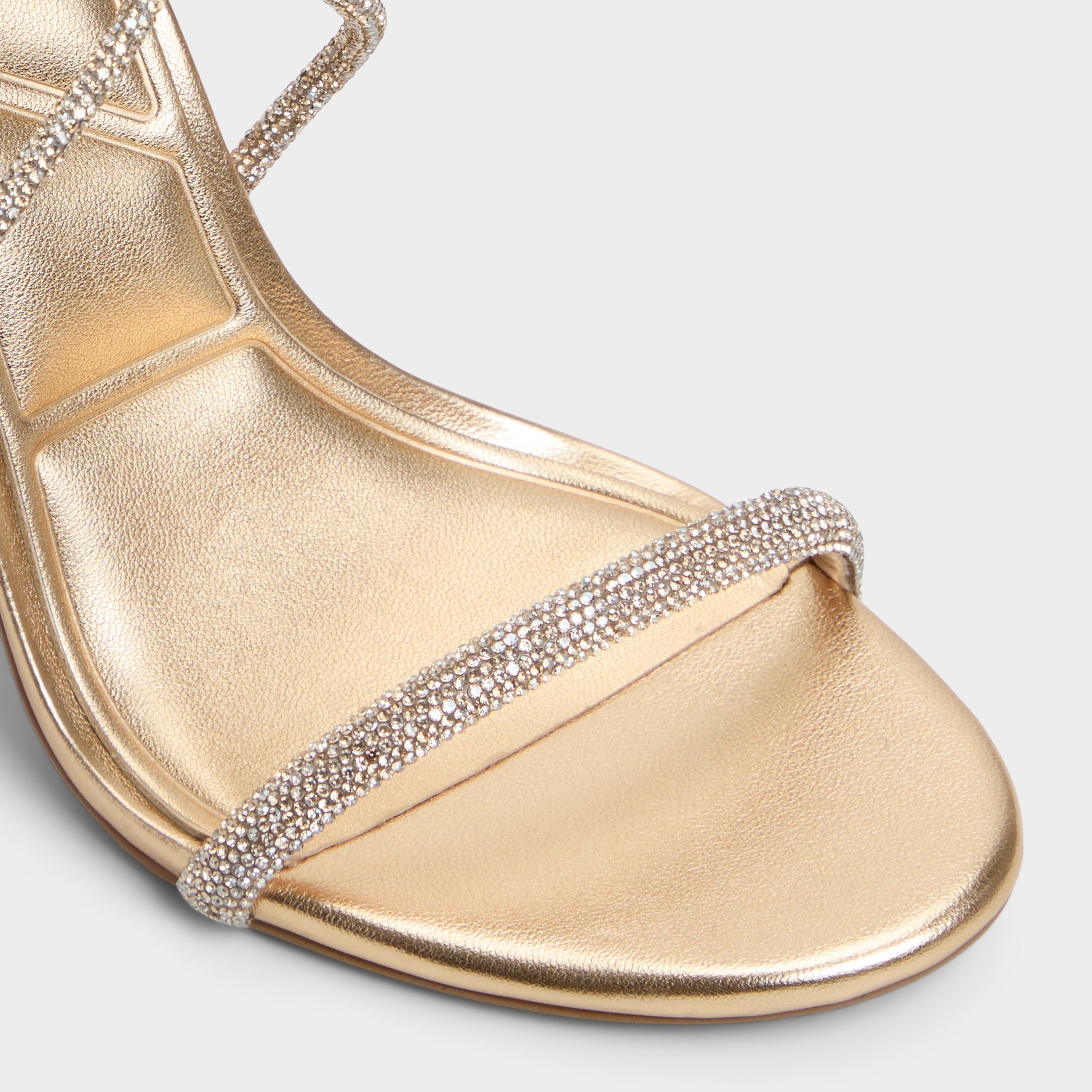 Close-up of the Gold Caladonia Strappy heeled sandal