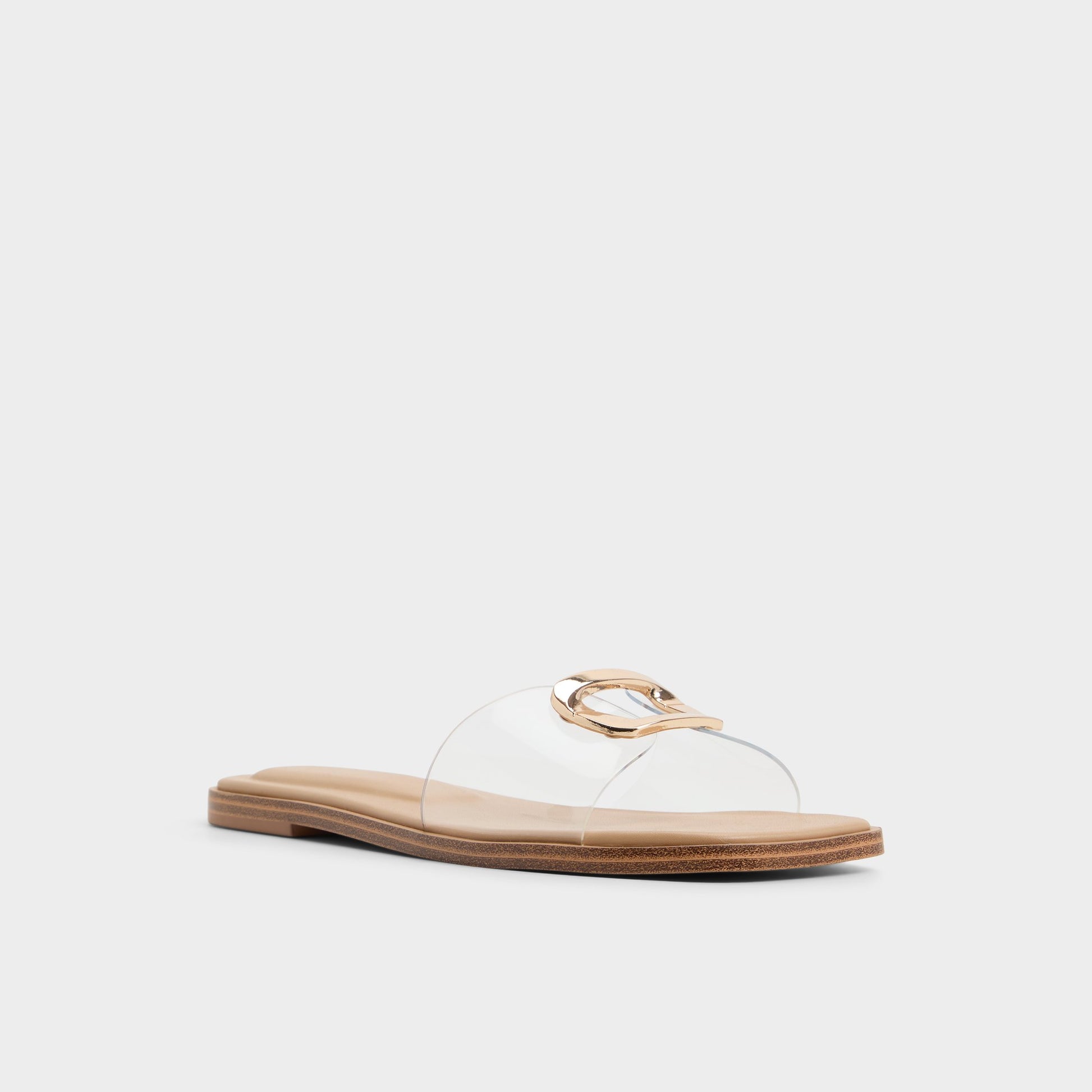 Three-quarter angle of Clear Tidella Slide sandal's front side