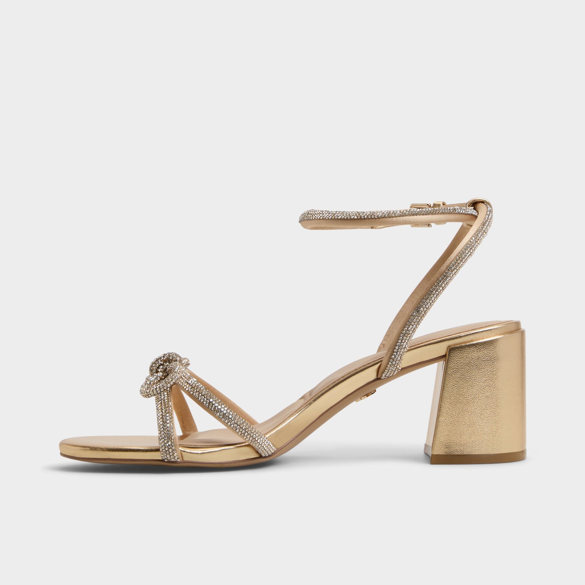 Side view of Gold Bouclette Strappy heeled sandal