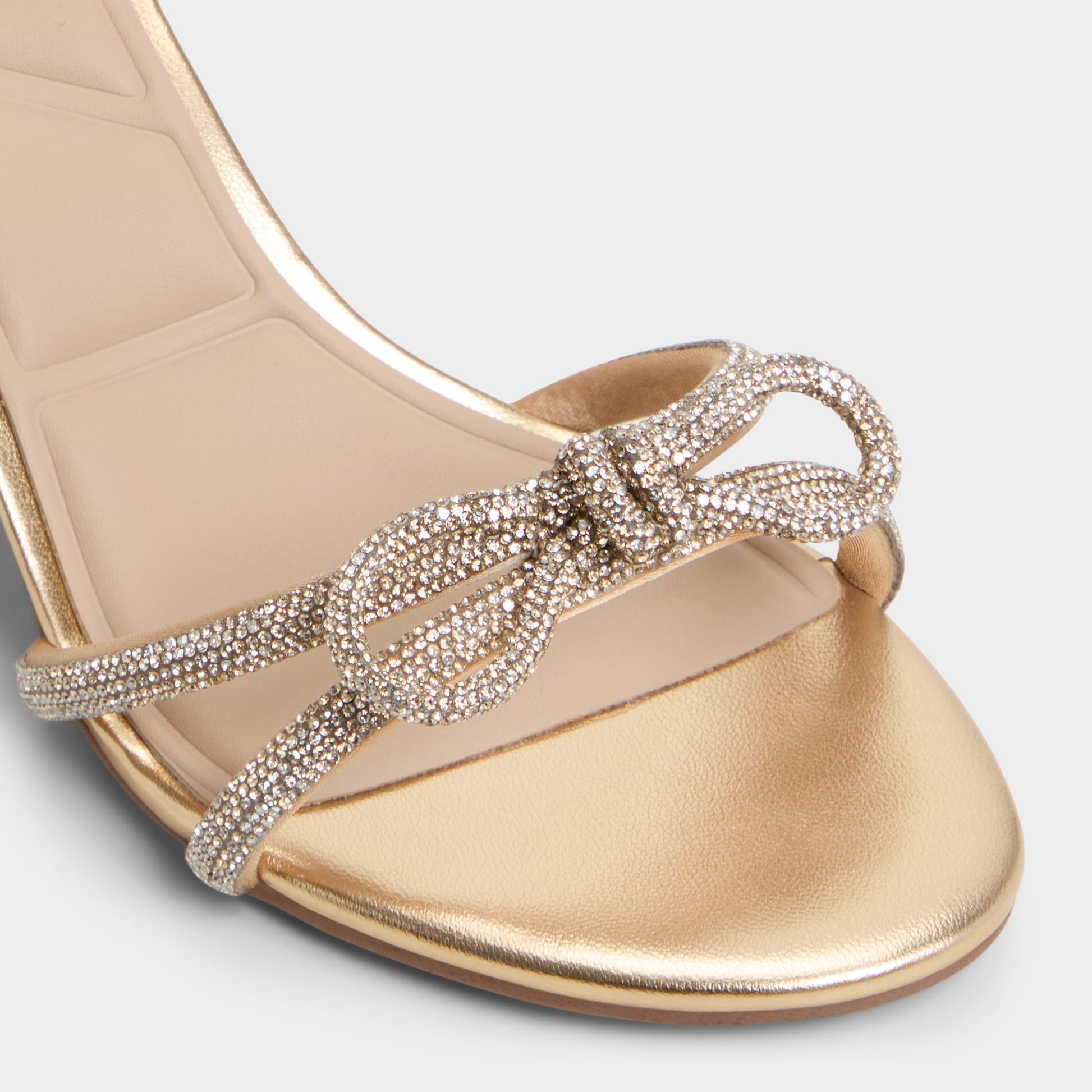Close-up of the Gold Bouclette Strappy heeled sandal