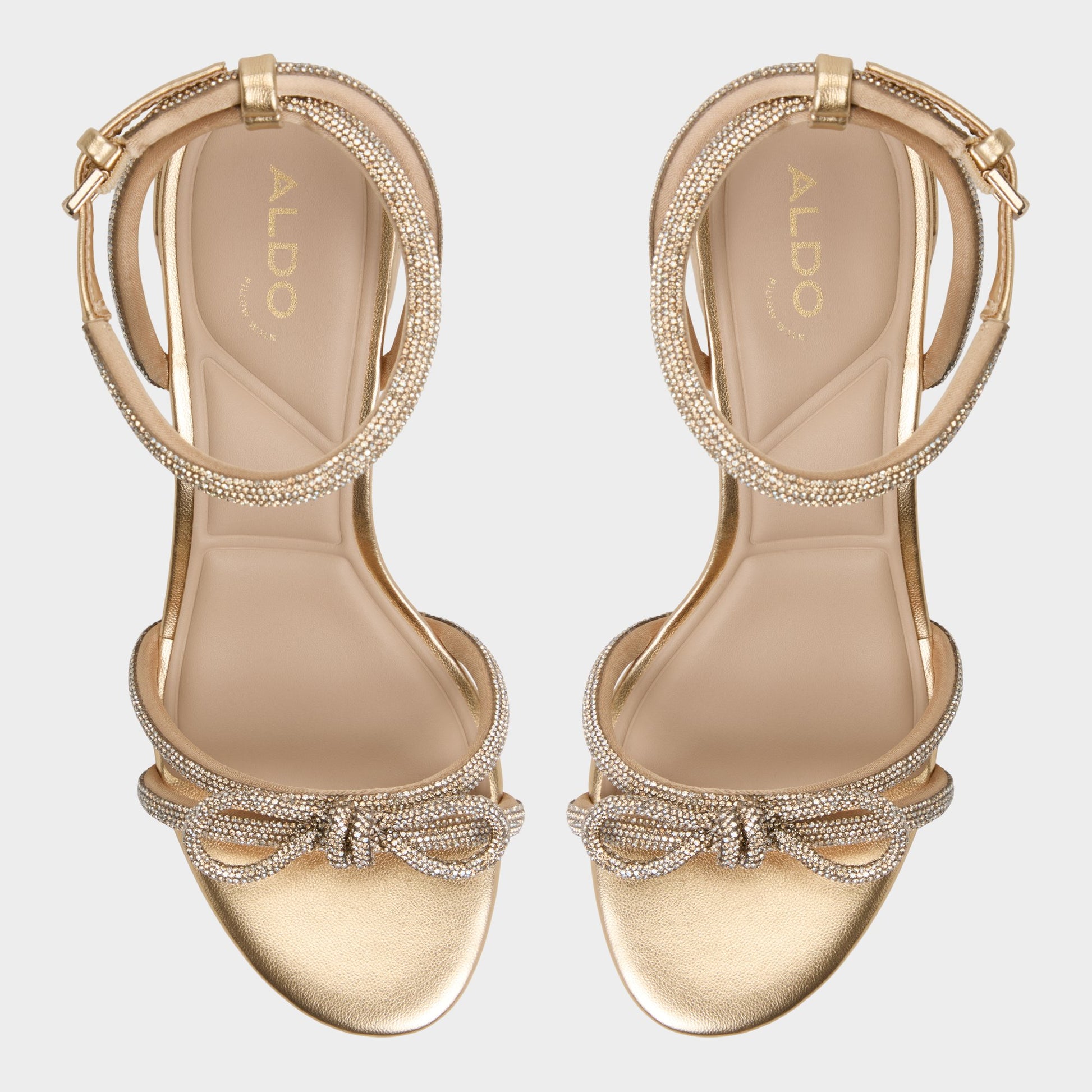 Top-down view of the Gold Bouclette Strappy heeled sandal