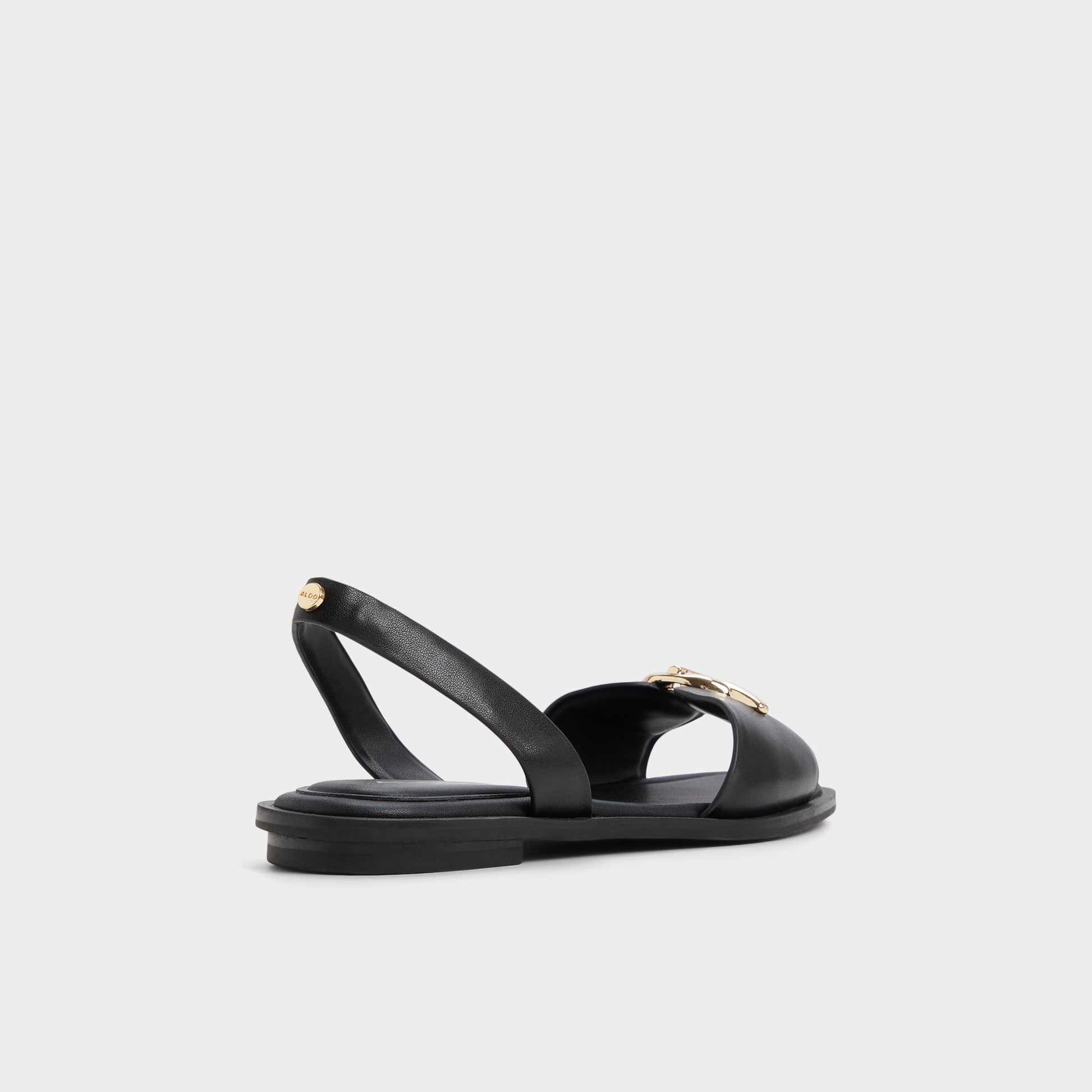 Three-quarter angle of Black Goassi Flat sandal's back side