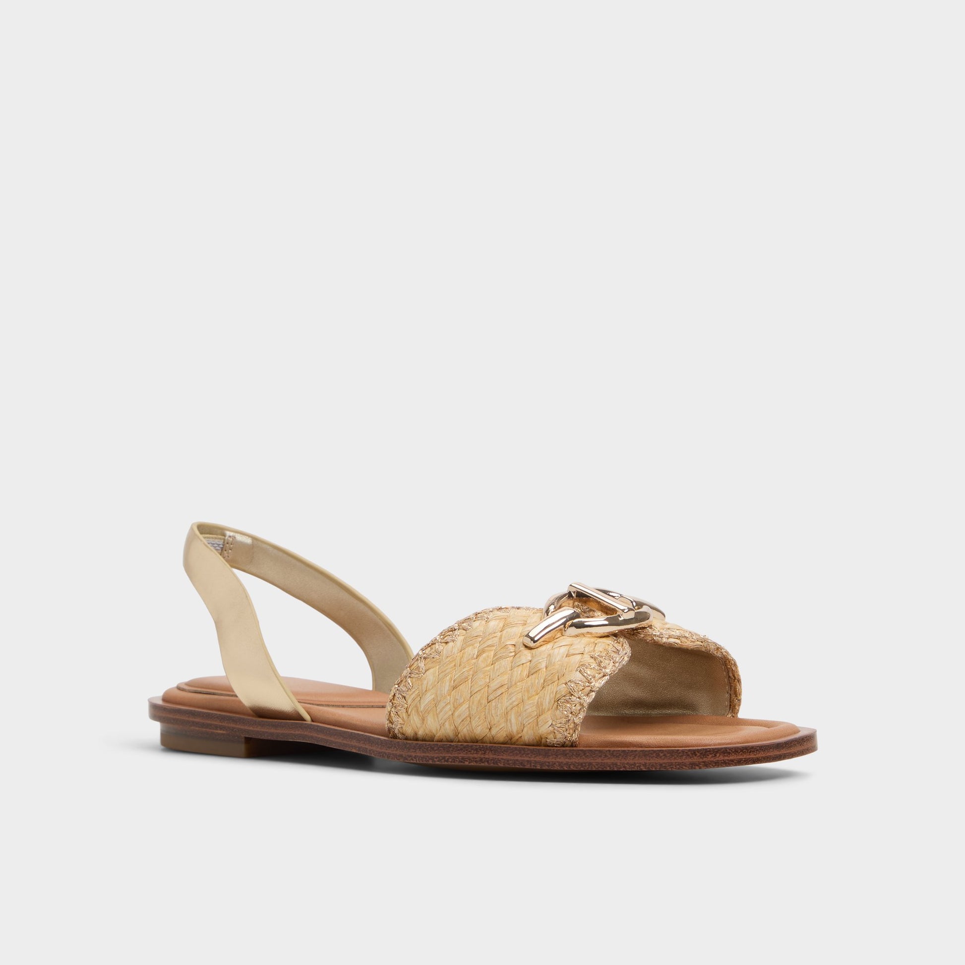 Three-quarter angle of Gold Goassi Flat sandal's front side