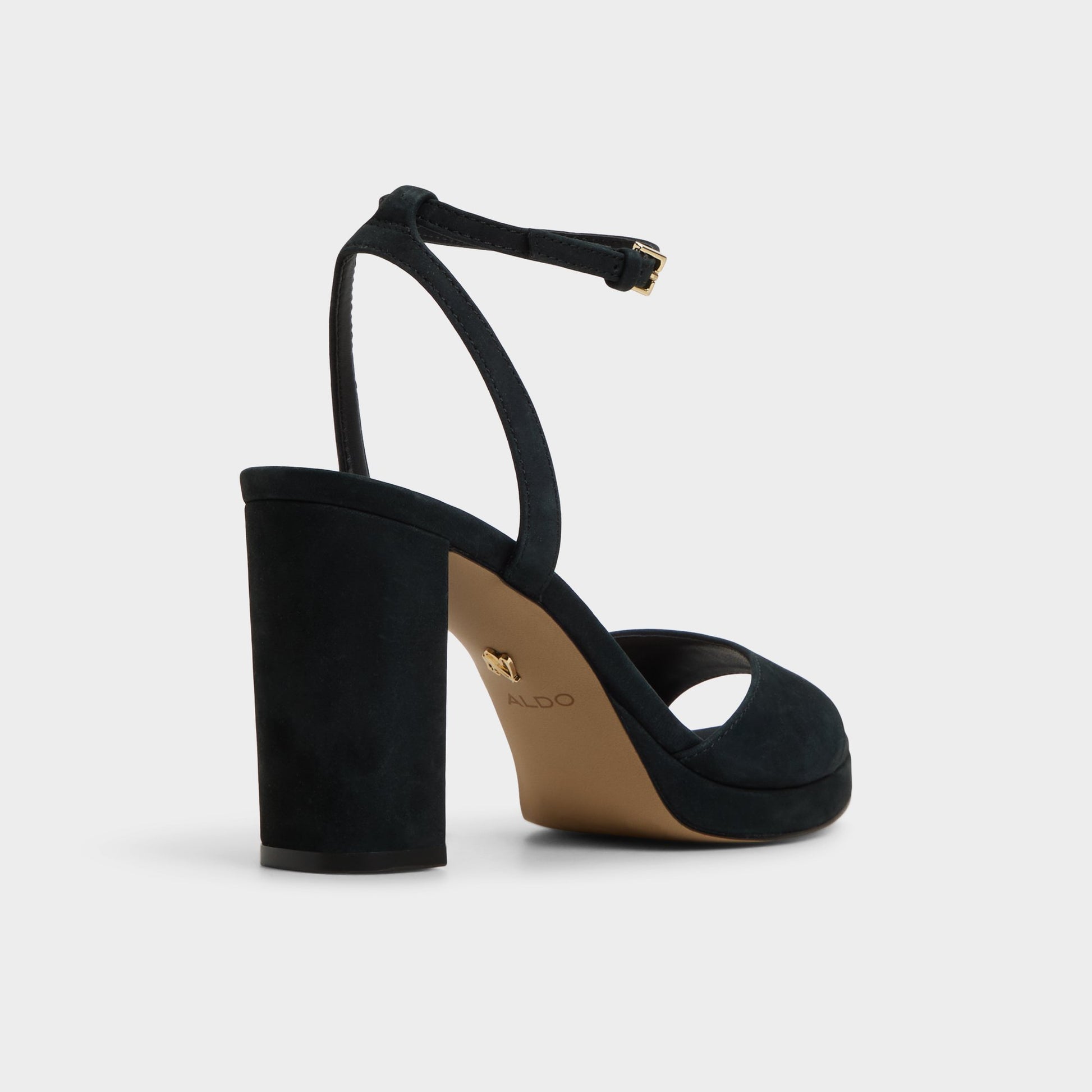 Three-quarter angle of Black Gracious Strappy heeled sandal's back side