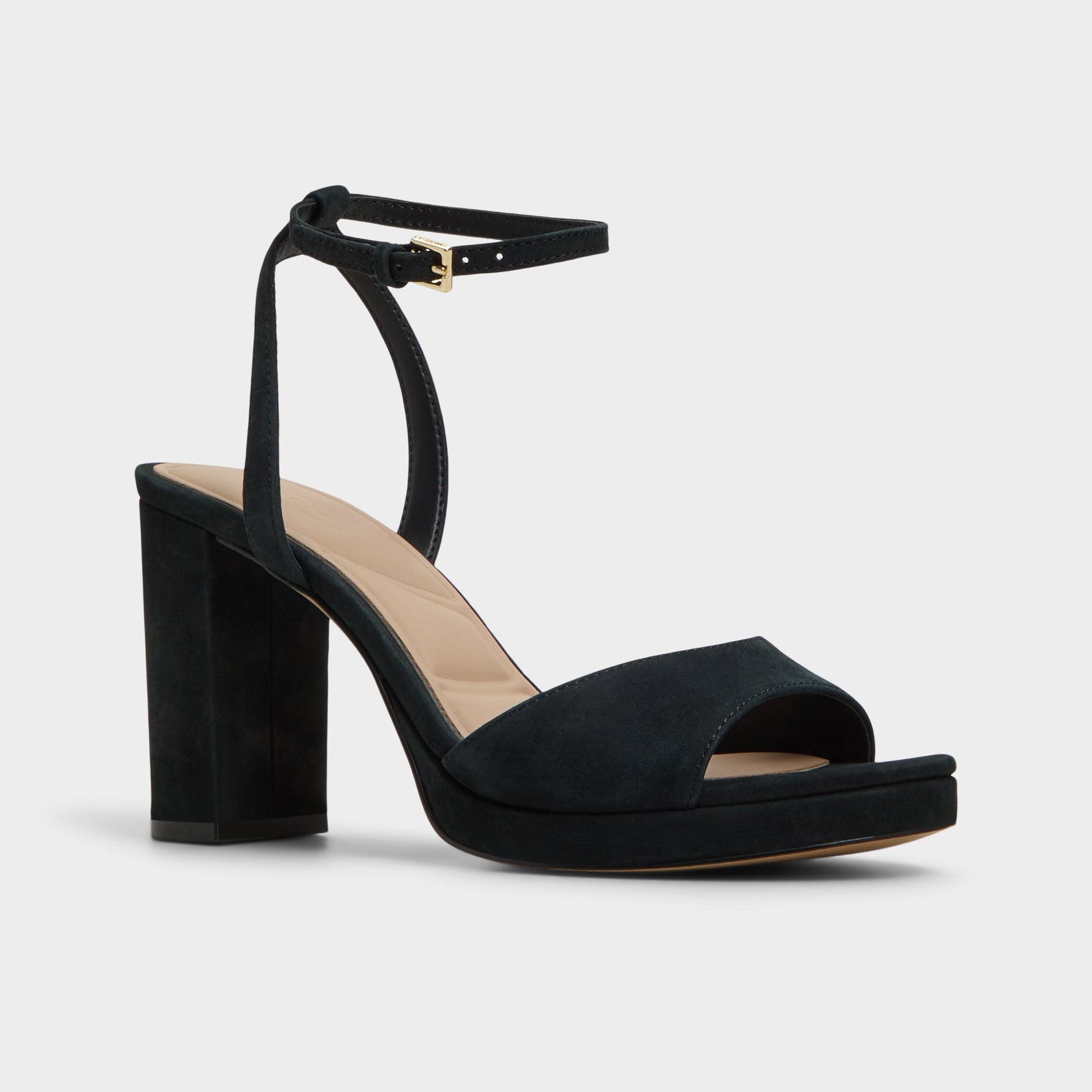 Three-quarter angle of Black Gracious Strappy heeled sandal's front side