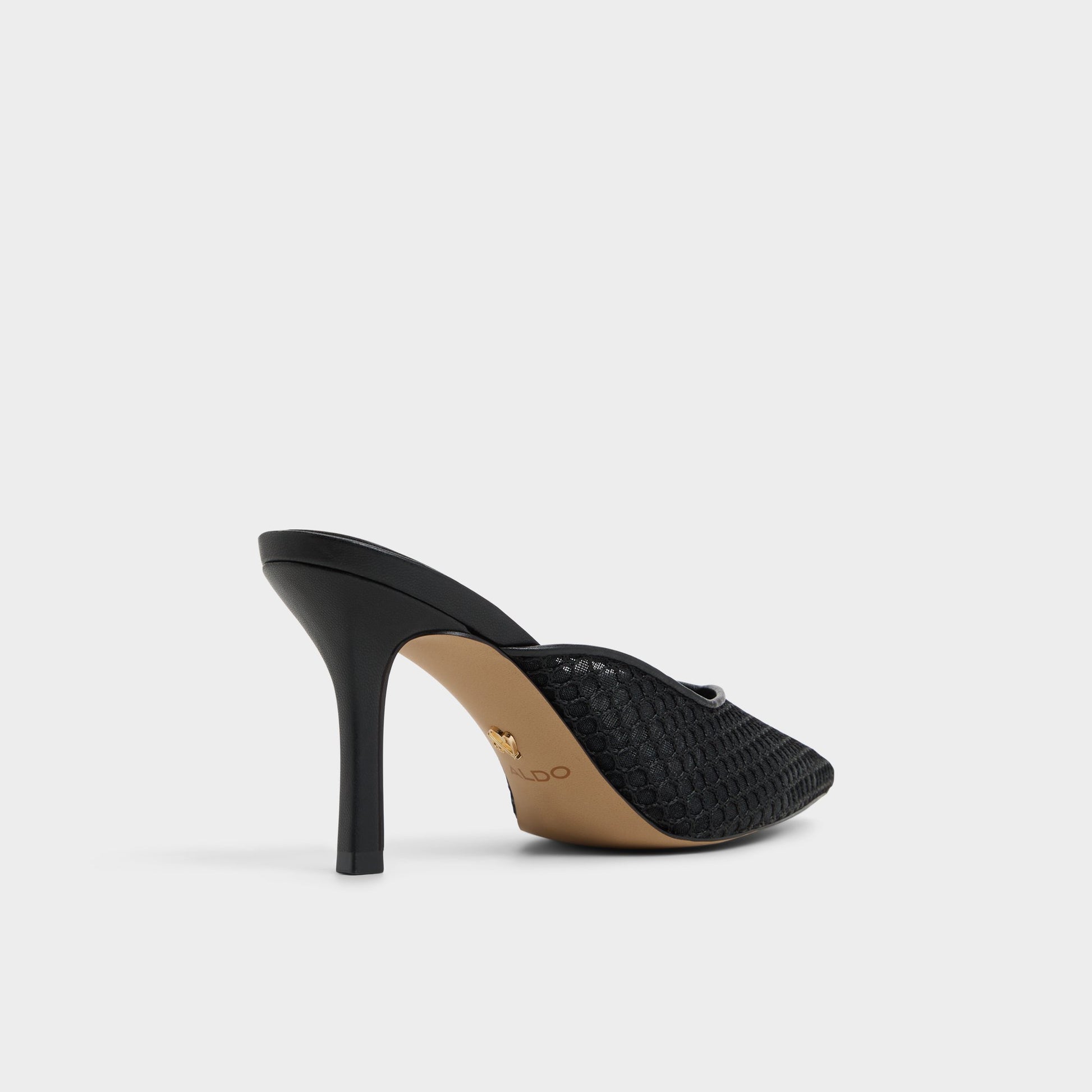 Three-quarter angle of Black Gamilia Heeled mule's back side