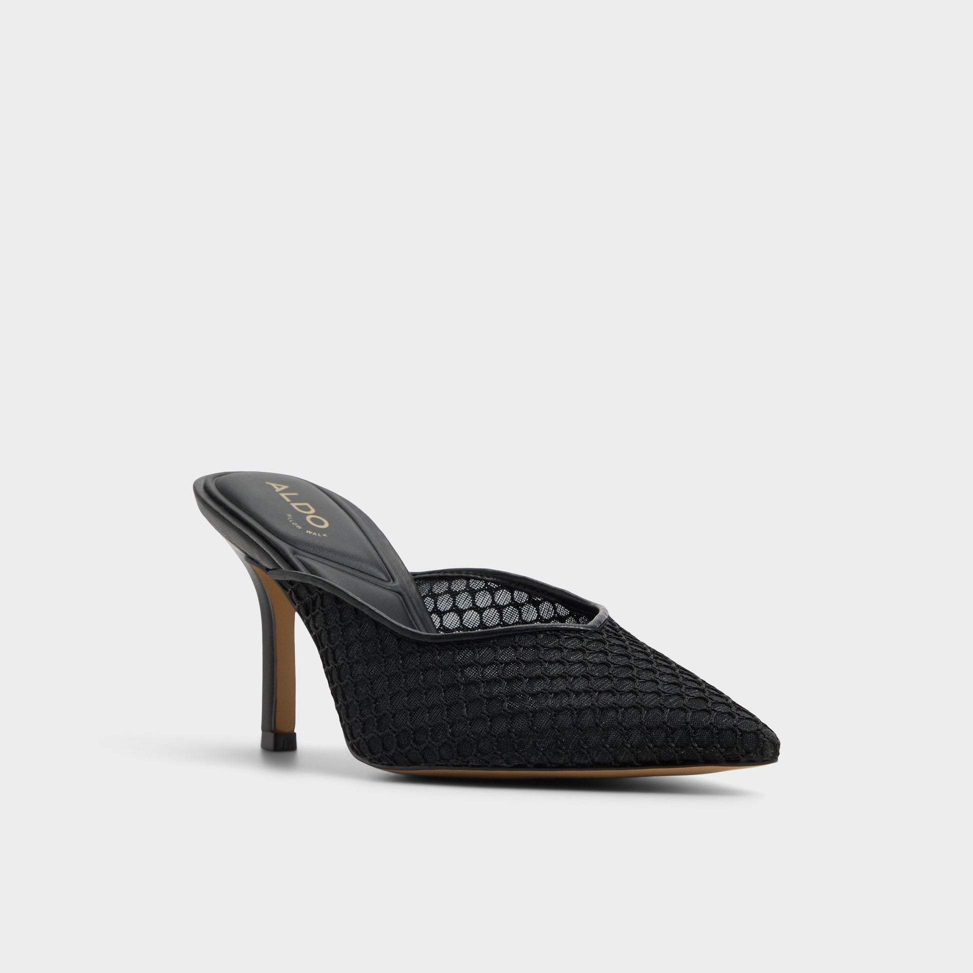 Three-quarter angle of Black Gamilia Heeled mule's front side