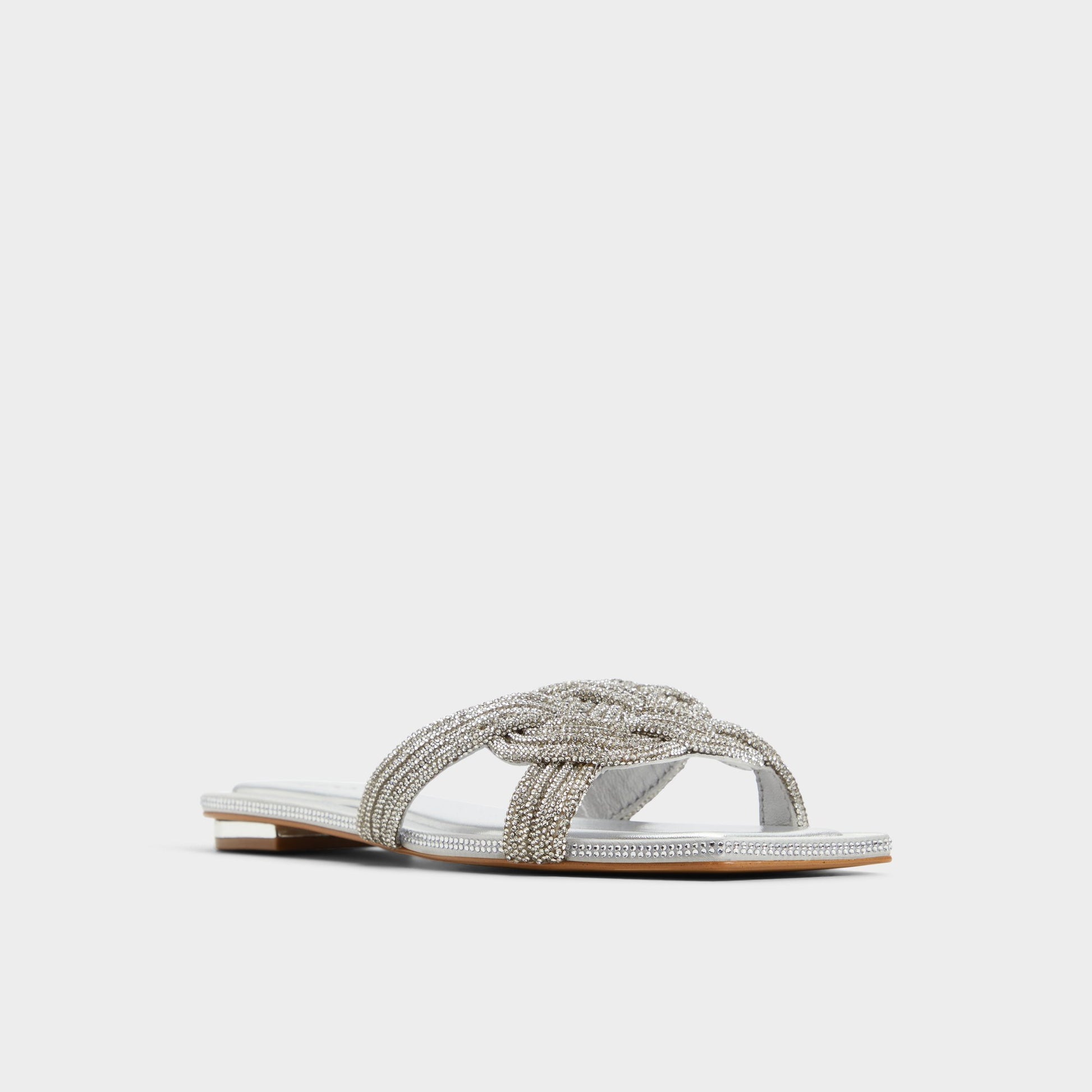 Three-quarter angle of Silver Karlina Slide sandal's front side