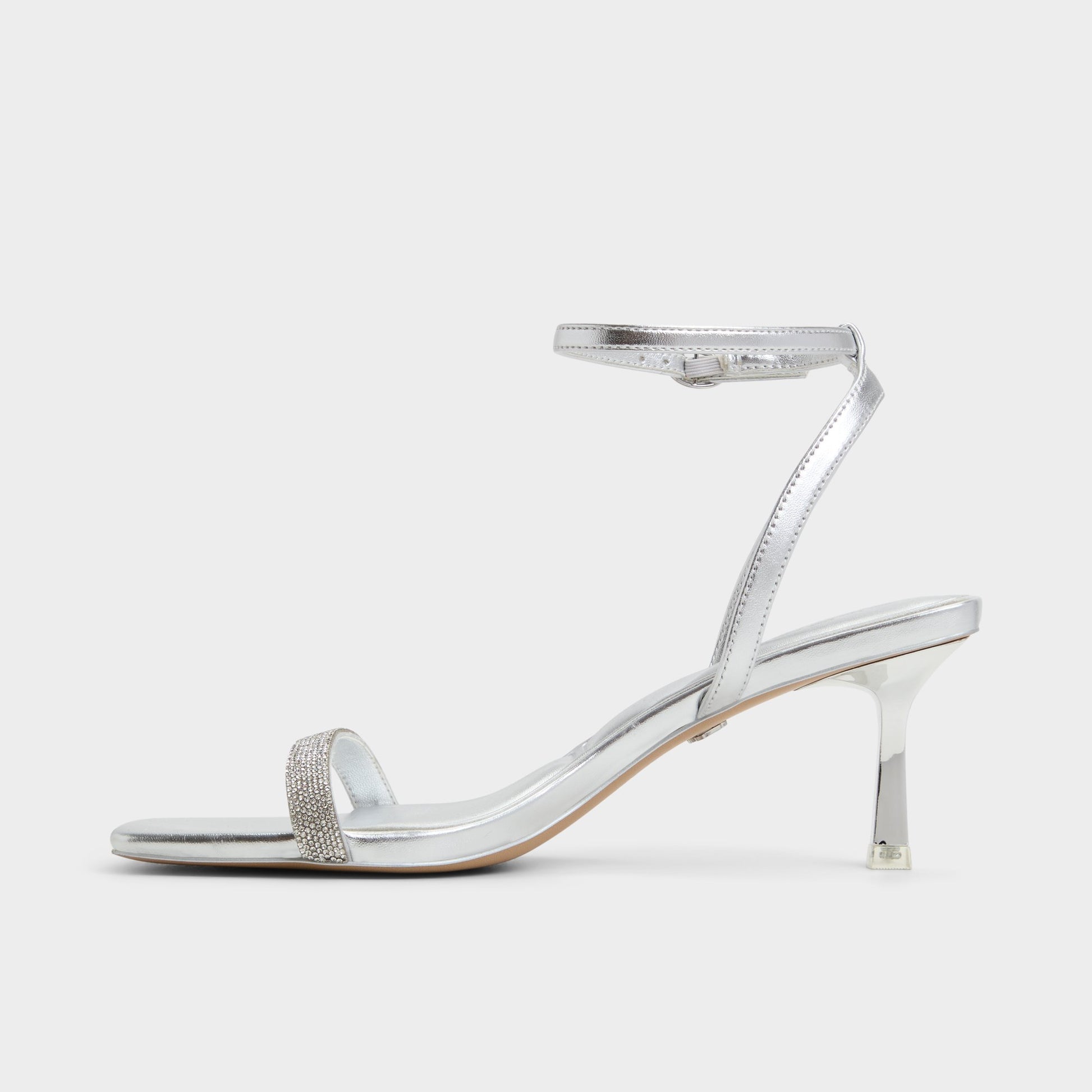 Side view of Silver Kirri Strappy heeled sandal