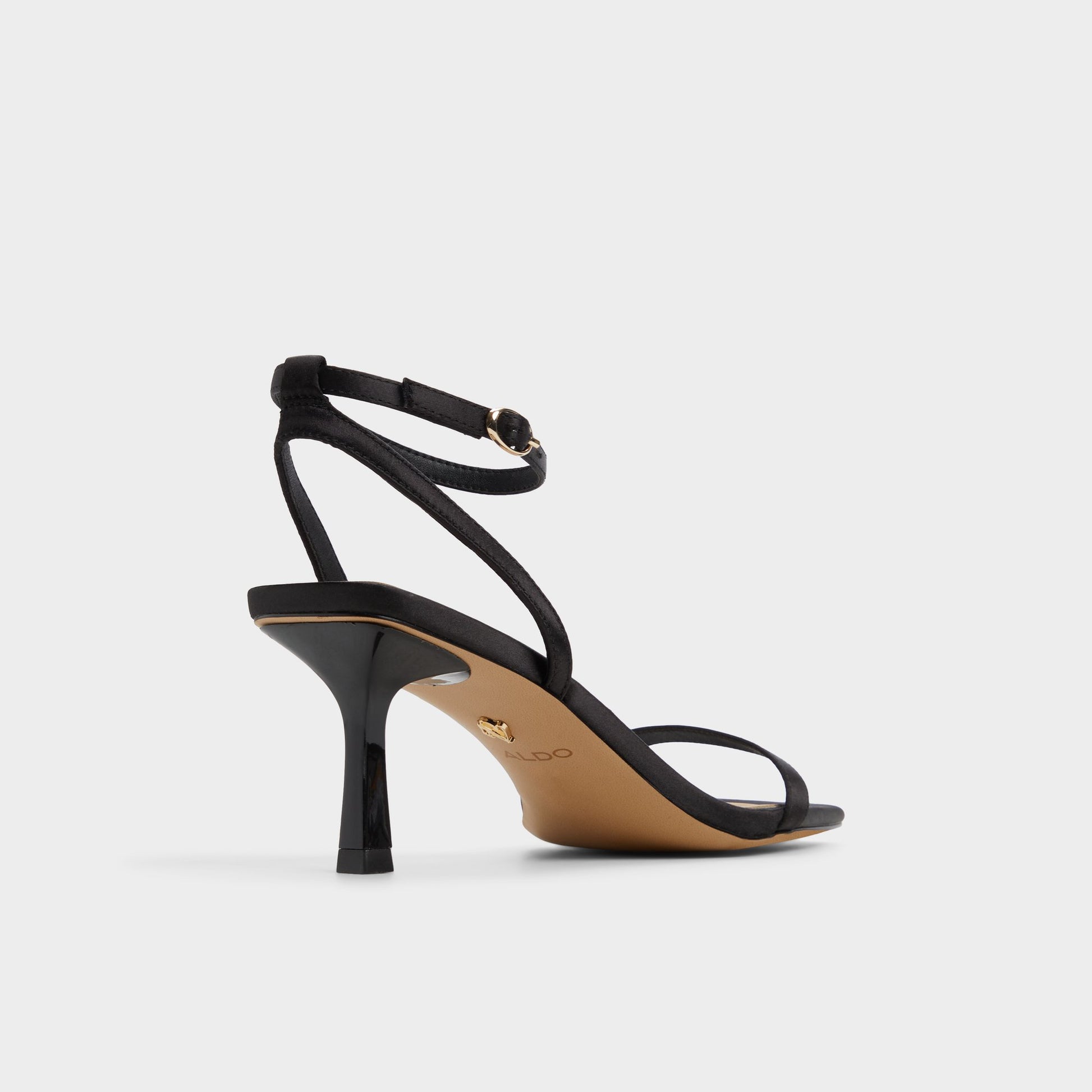 Three-quarter angle of Black Kirri Strappy heeled sandal's back side