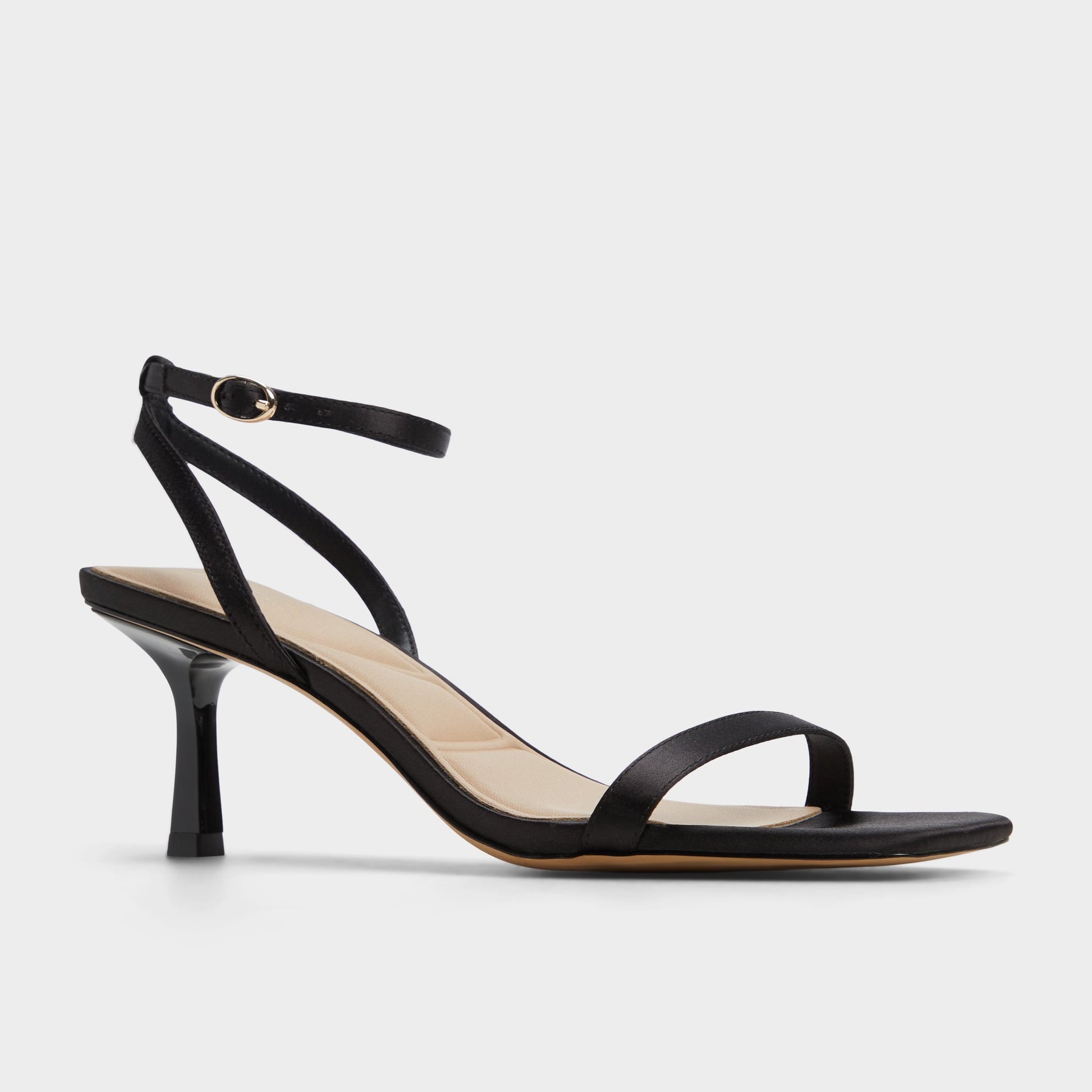 Three-quarter angle of Black Kirri Strappy heeled sandal's front side