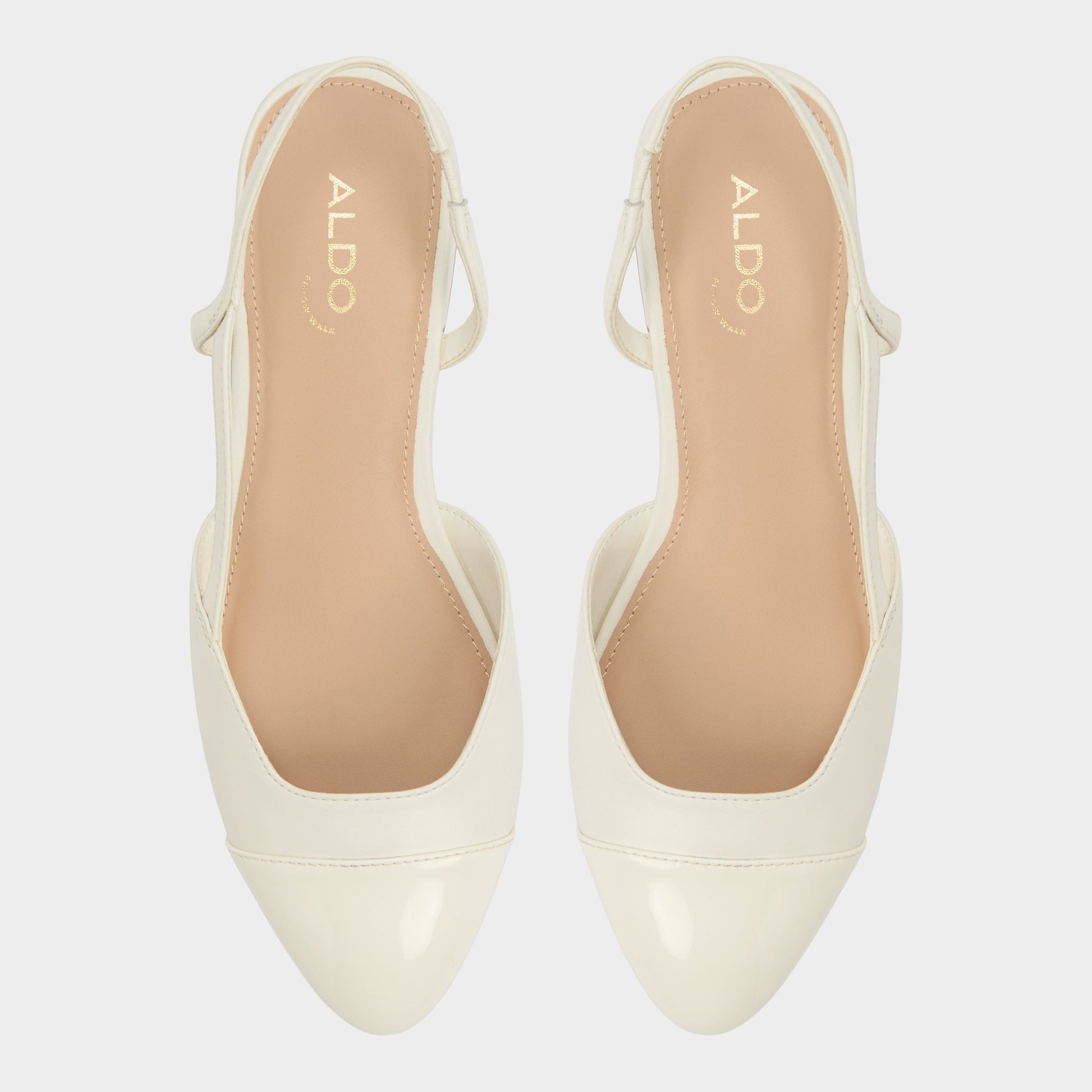 Top-down view of the Open White Clementinne Sling back high heel