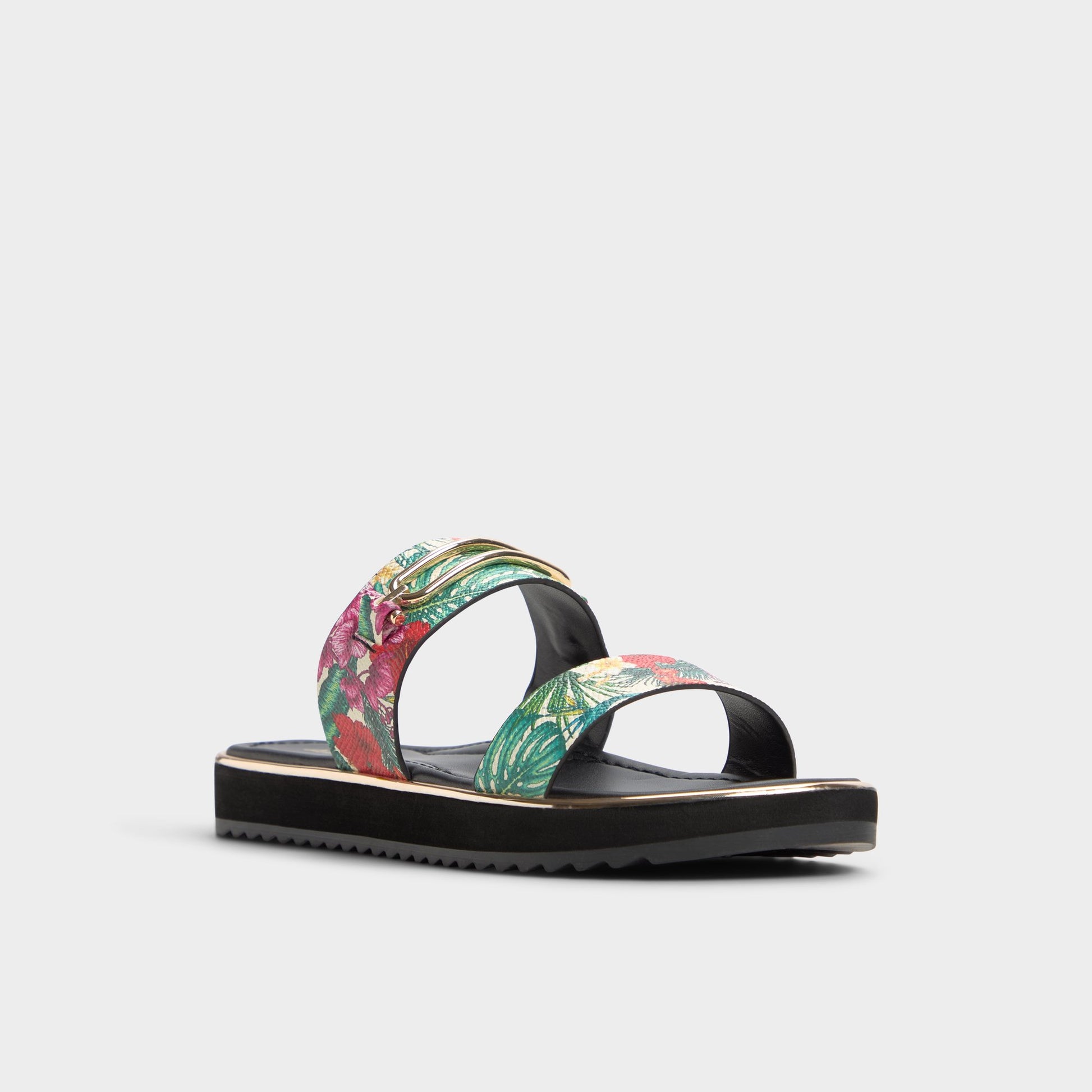 Three-quarter angle of Multi Lagoon Strappy flat sandal's front side