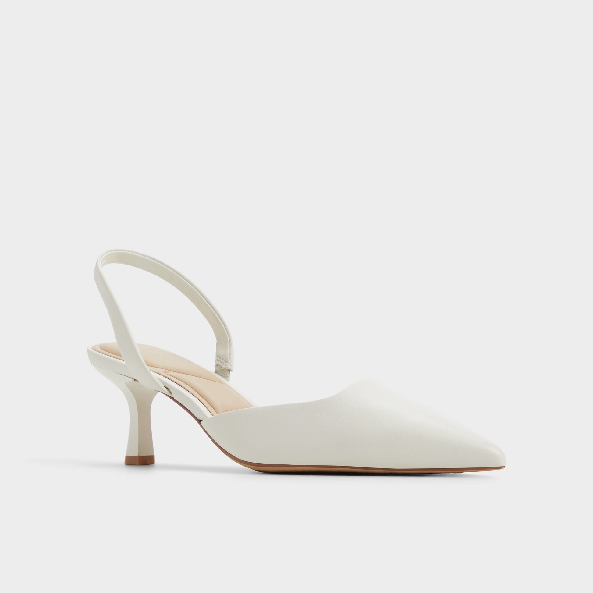 Three-quarter angle of Open White Gavedessi Slingback heel's front side