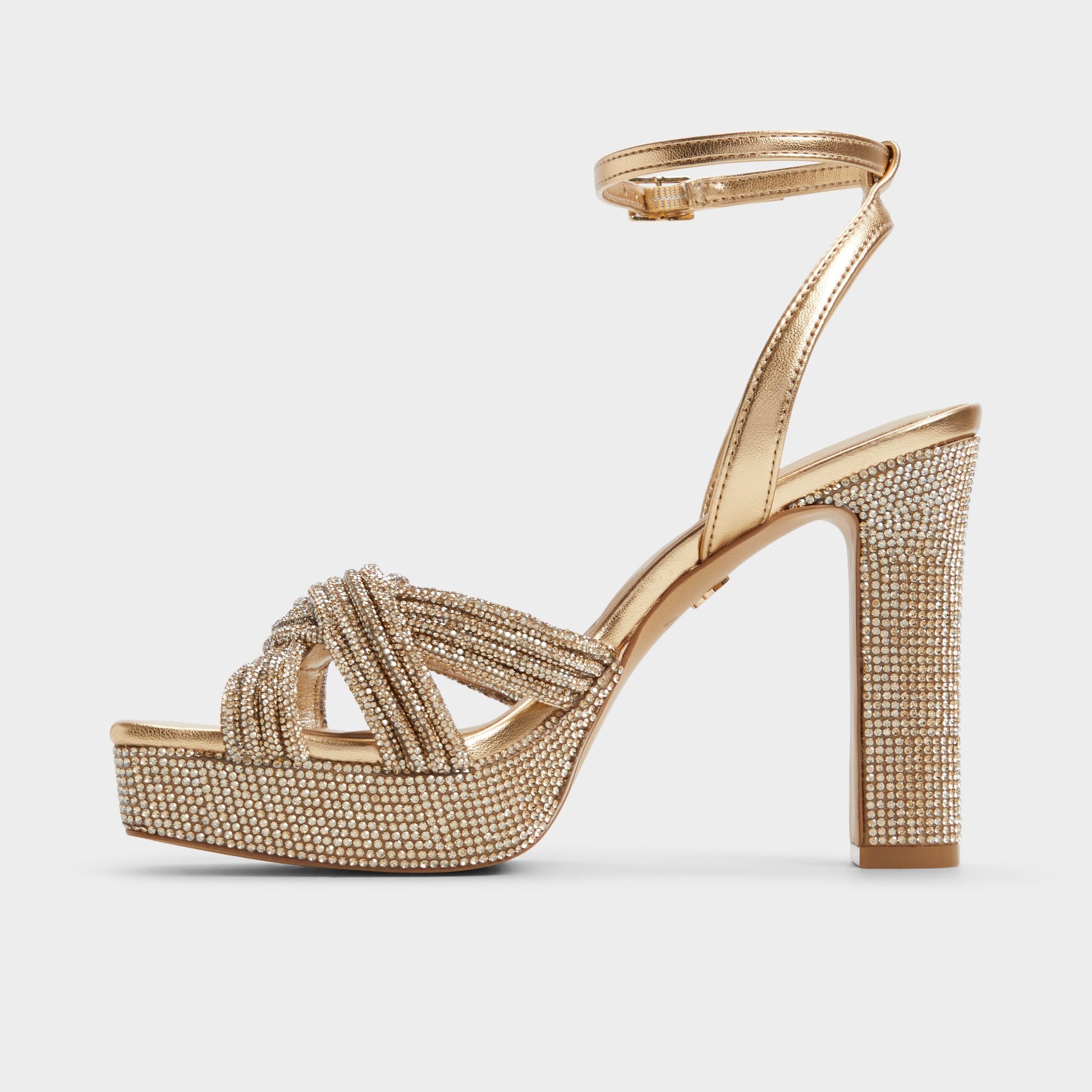Side view of Gold Shimma Strappy heeled sandal
