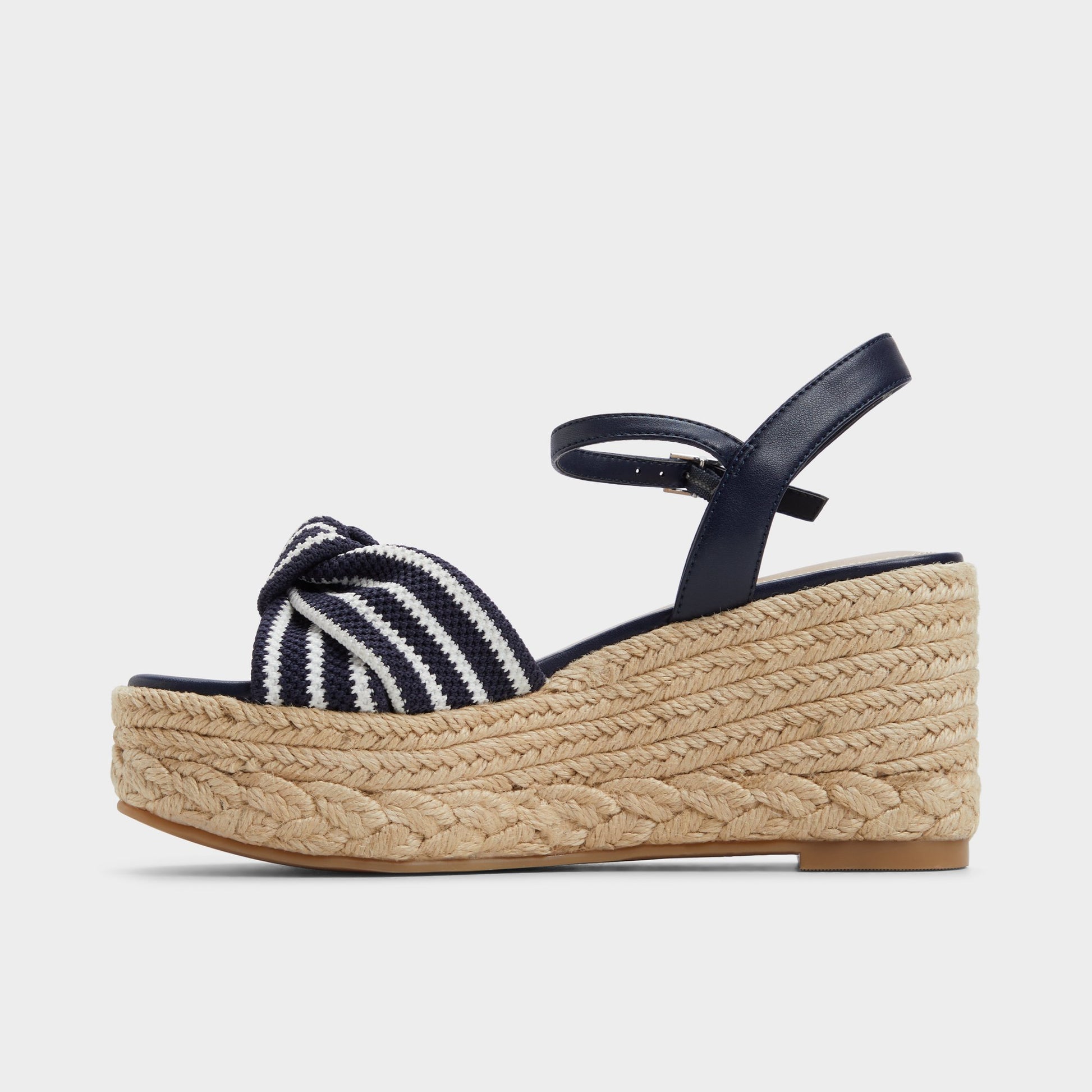 Side view of Navy Annamarie Wedge sandal