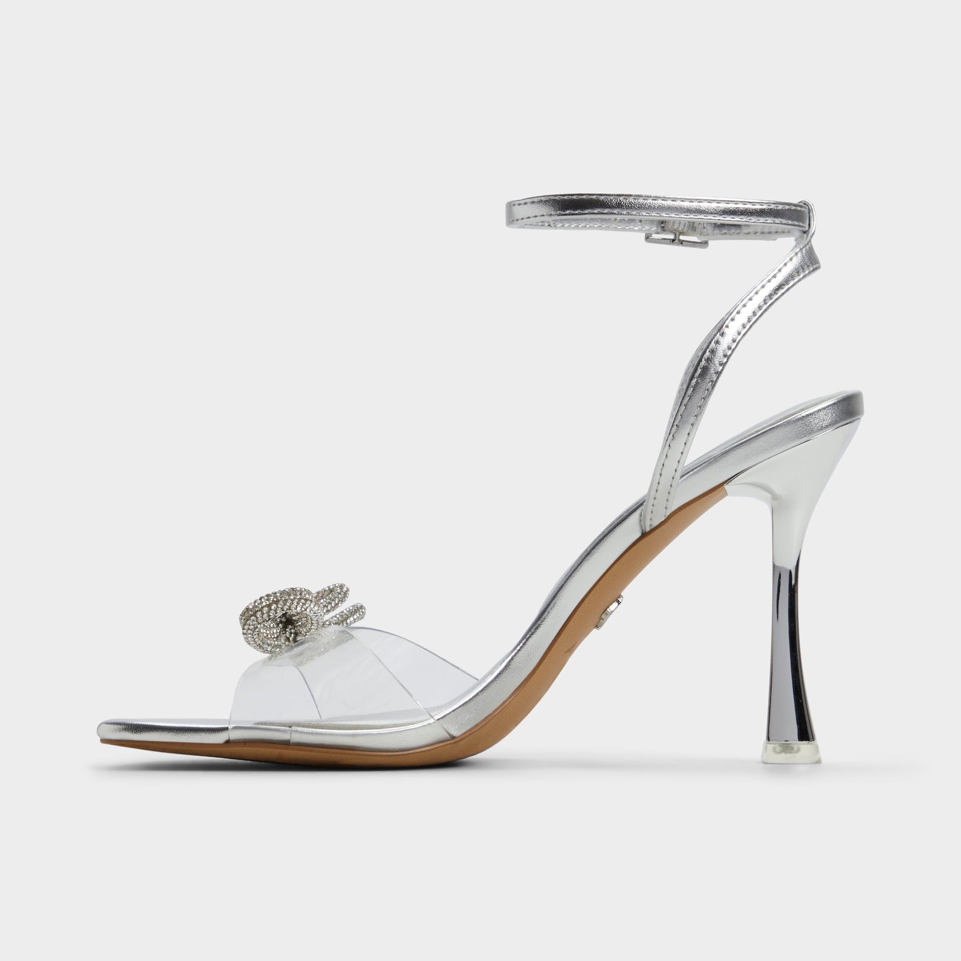 Side view of Silver Ozley Strappy heeled sandal