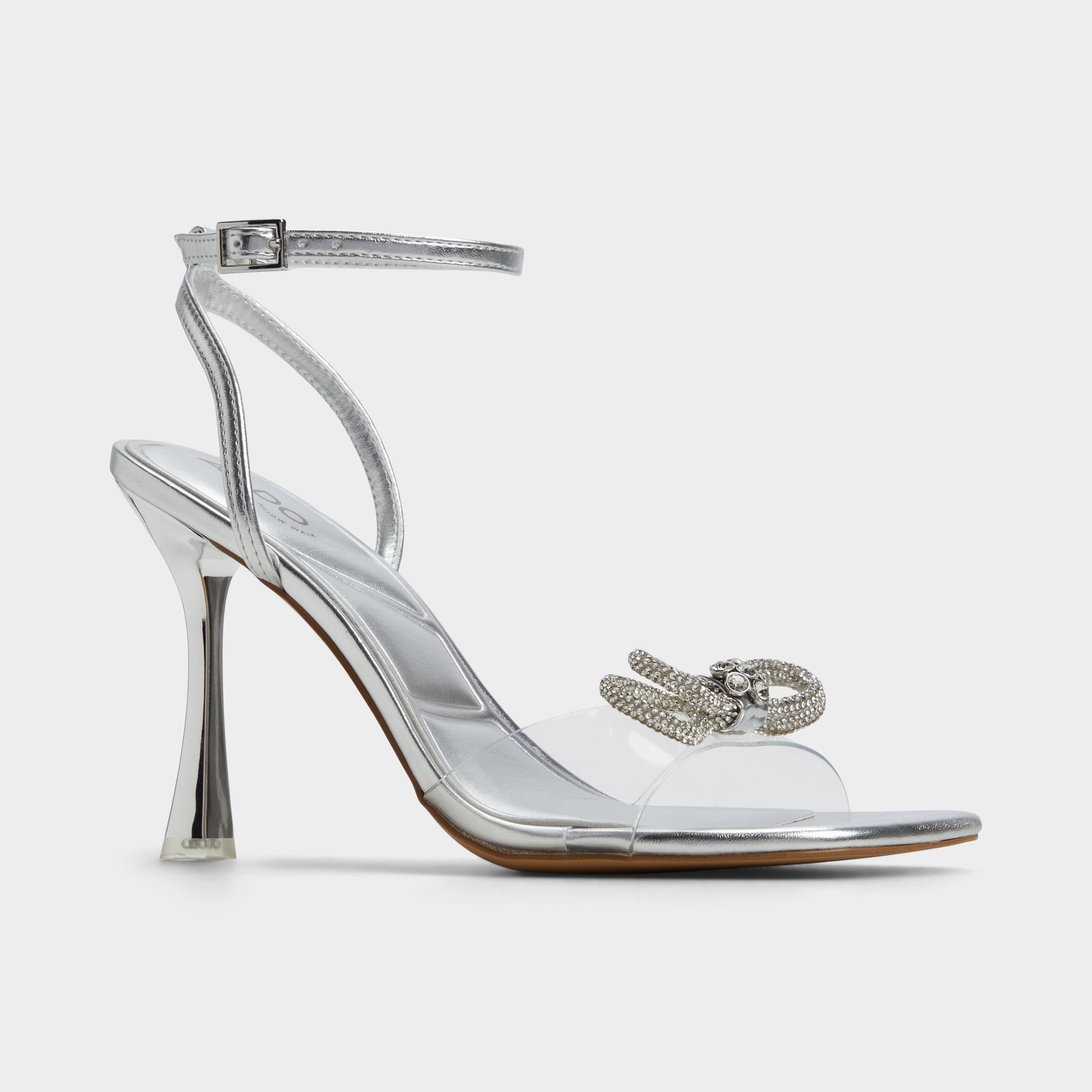Three-quarter angle of Silver Ozley Strappy heeled sandal's front side