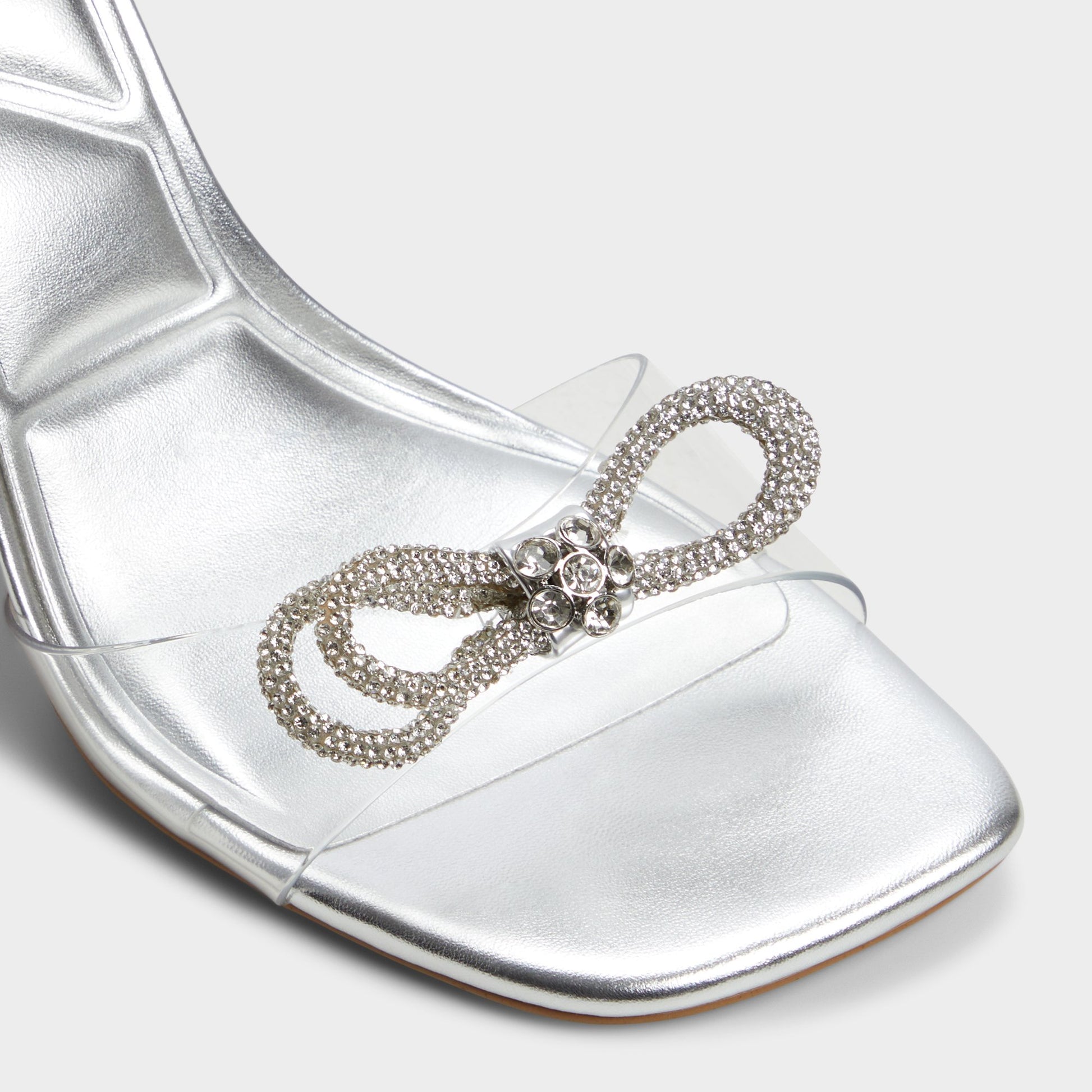 Close-up of the Silver Ozley Strappy heeled sandal