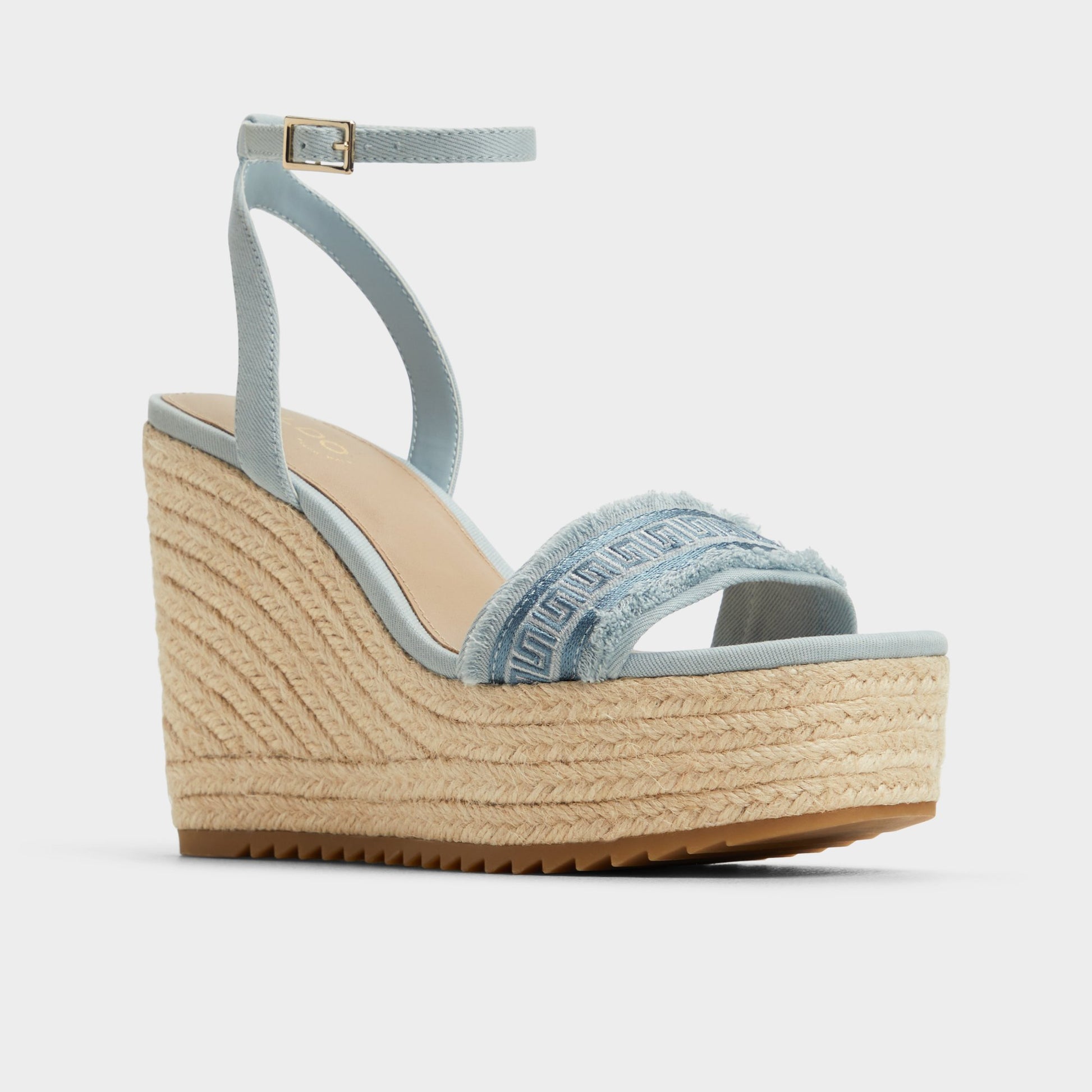 Three-quarter angle of Denim Aberitram Wedge sandal's front side