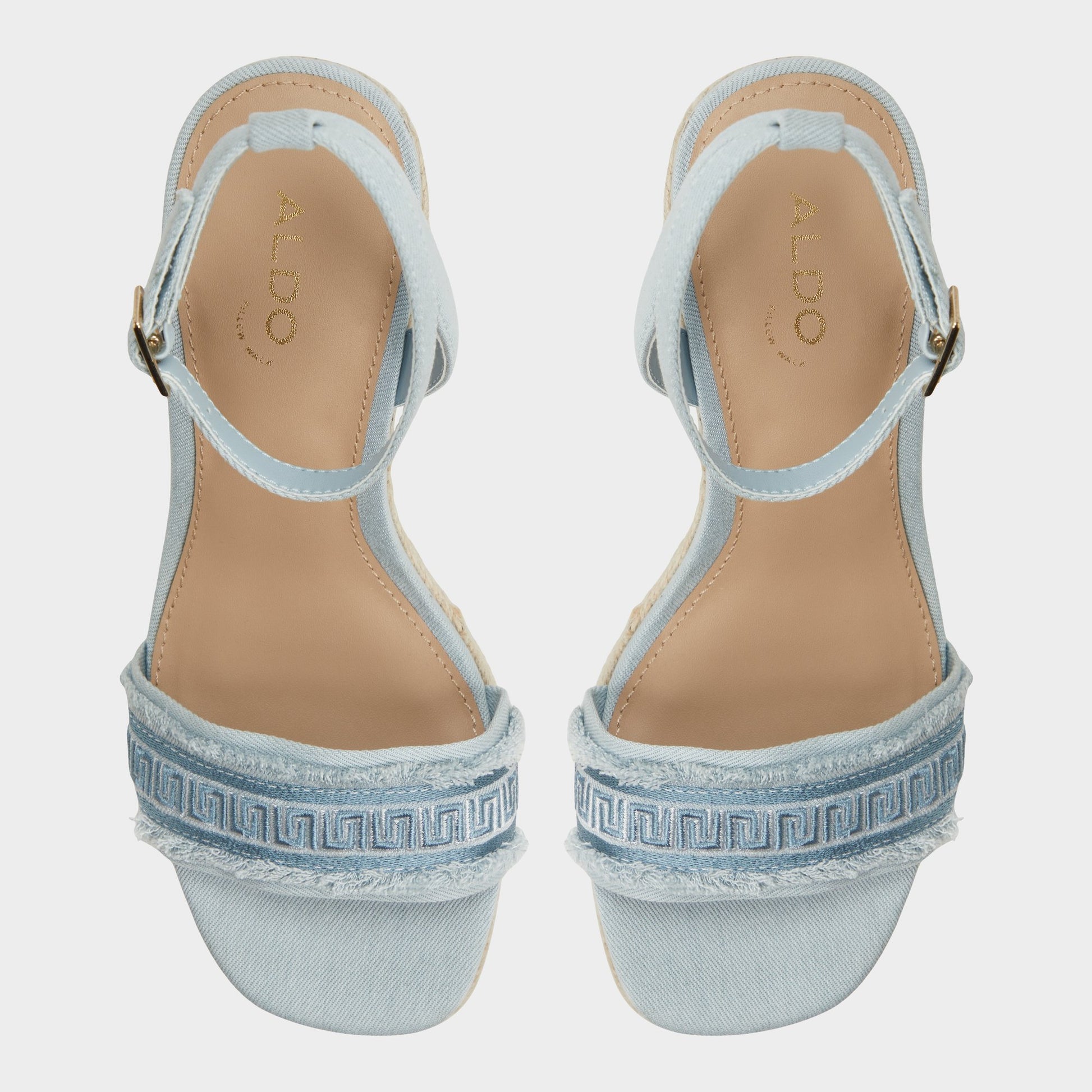 Top-down view of the Denim Aberitram Wedge sandal