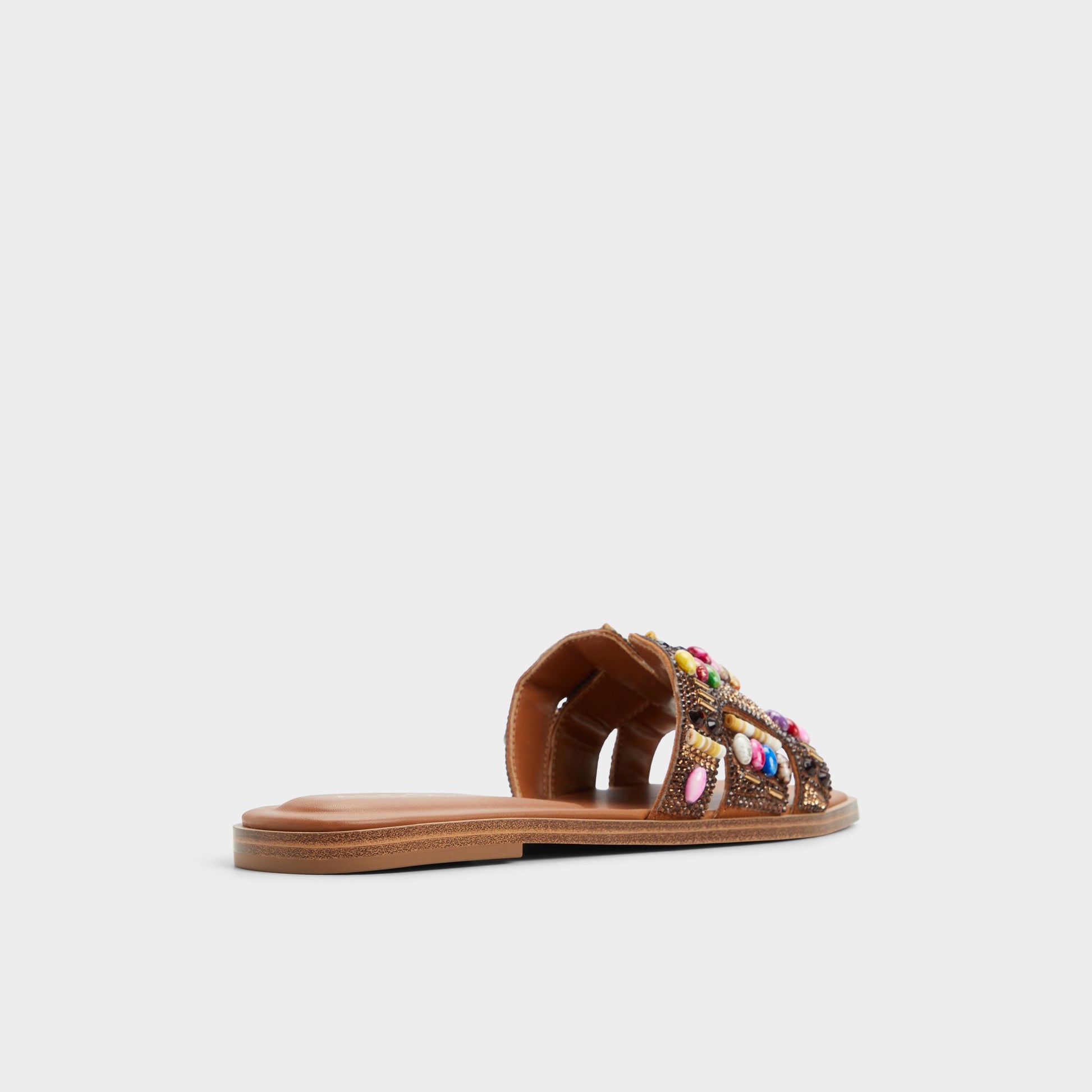 Three-quarter angle of Open Brown Eleny Slide sandal's back side