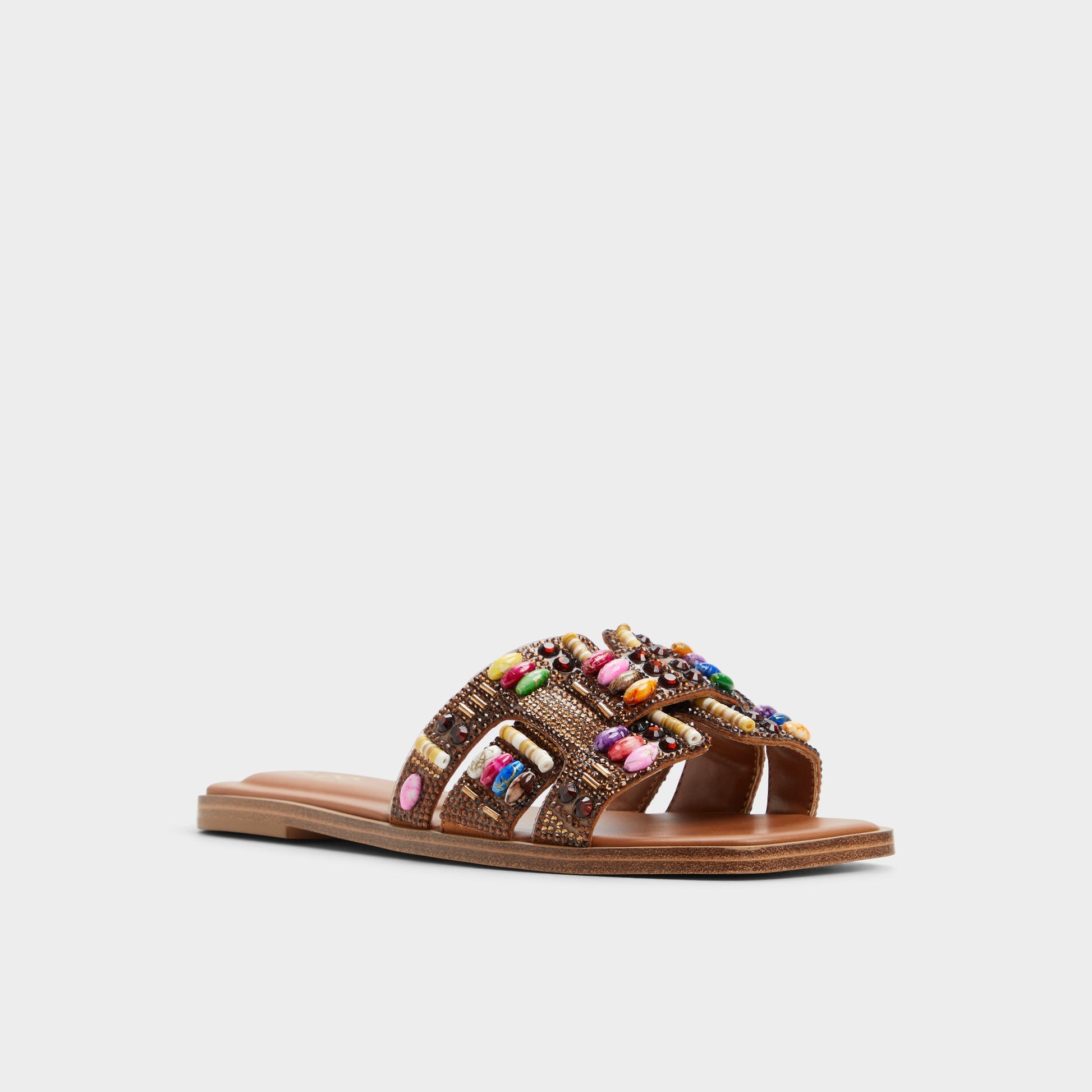 Three-quarter angle of Open Brown Eleny Slide sandal's front side