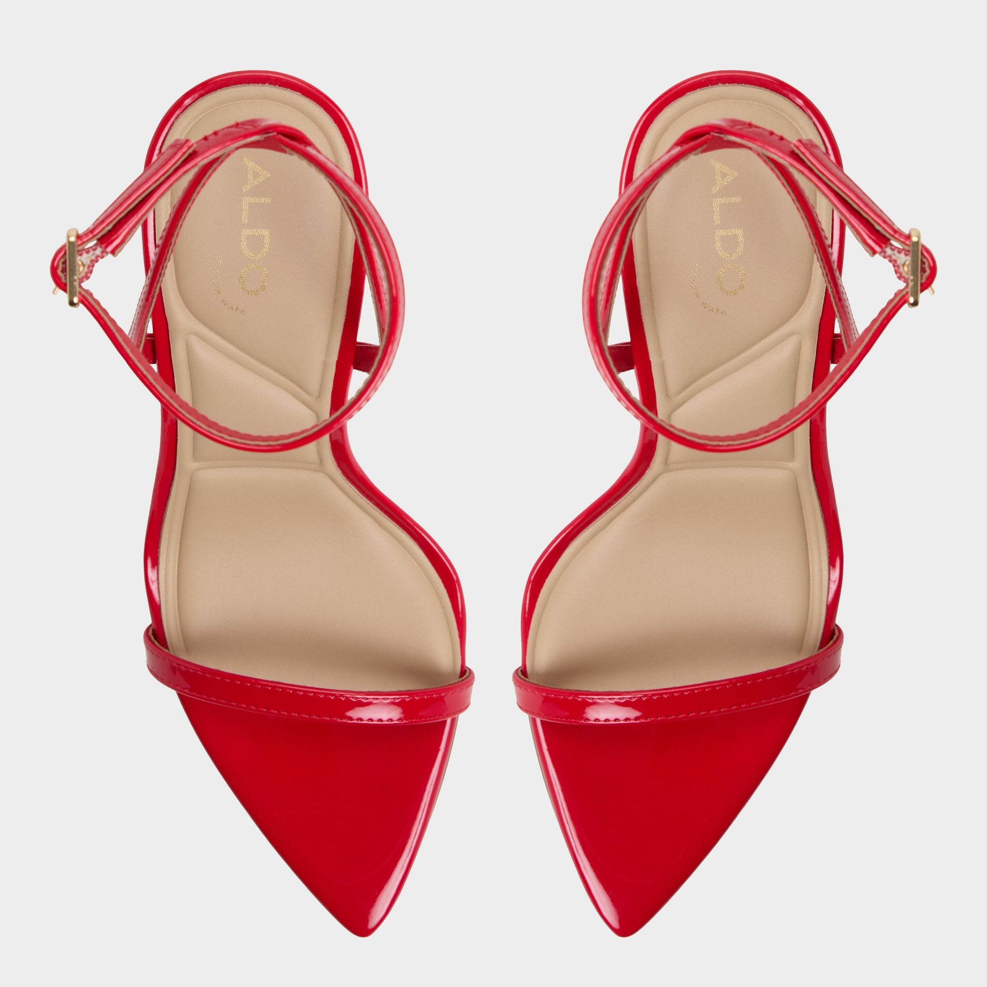 Top-down view of the Medium Red Tulipa Strappy heeled sandal