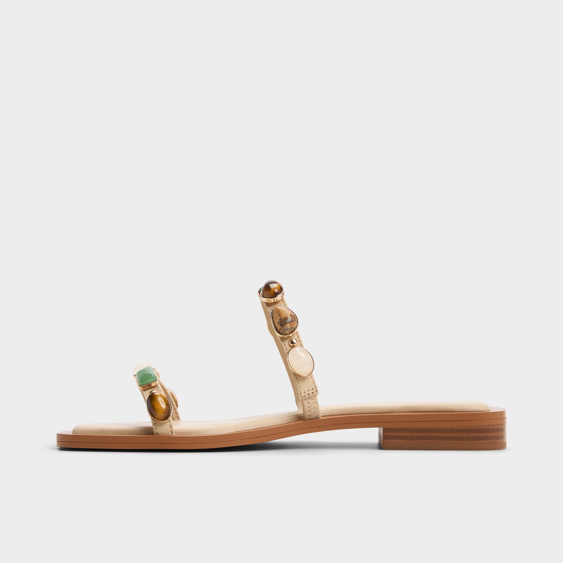Side view of Medium Beige Sapphira Strappy flat sandal