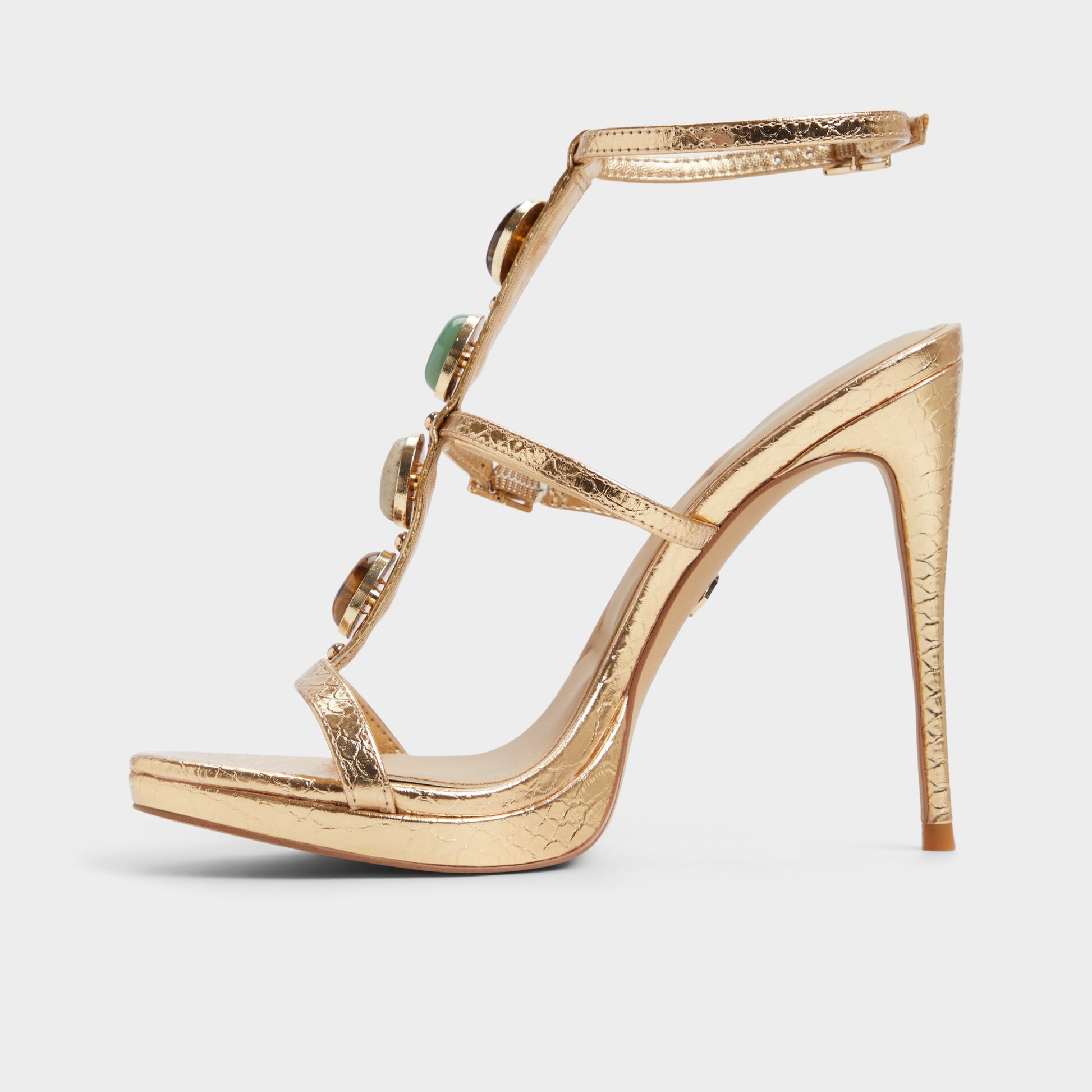Side view of Gold Opalia Strappy heeled sandal