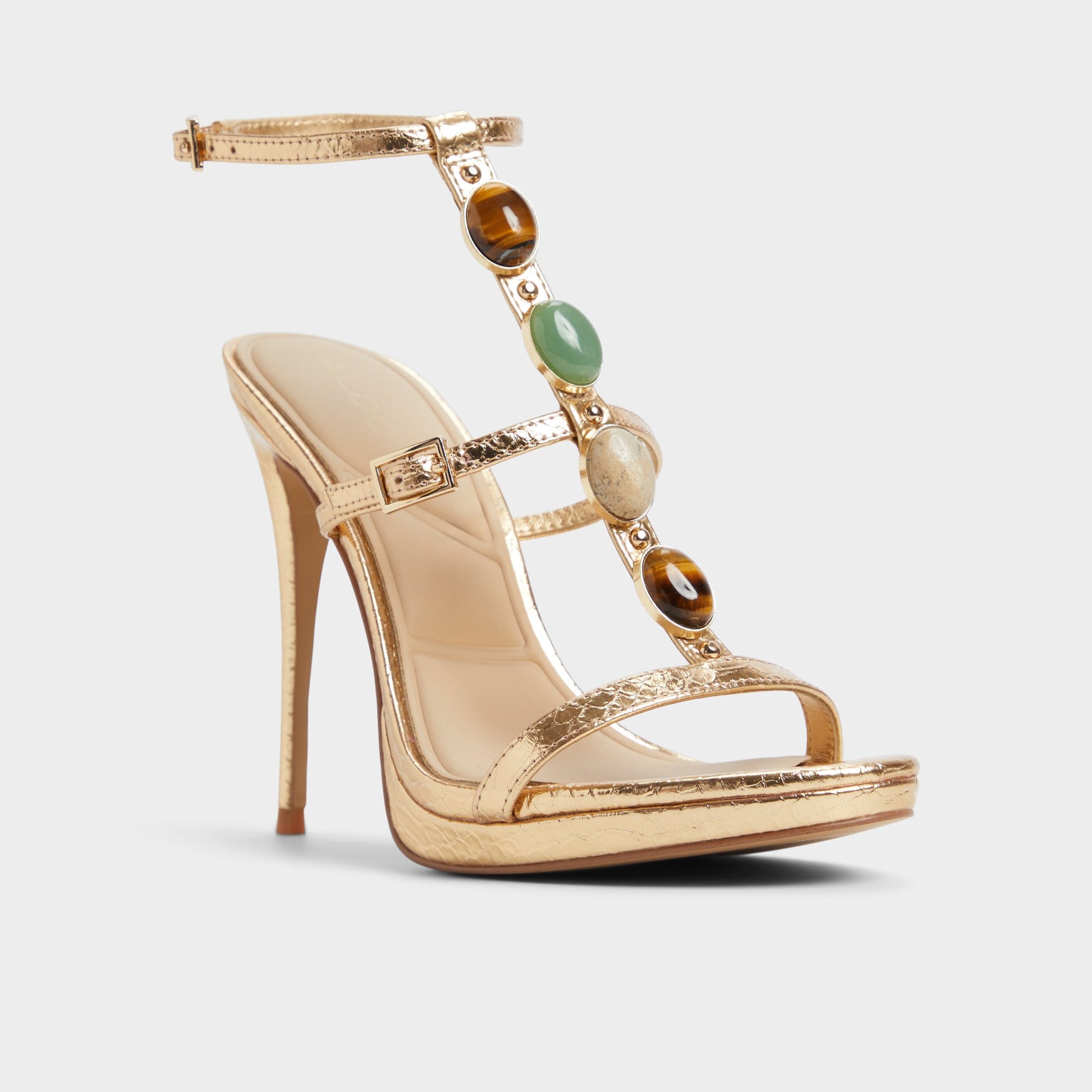 Three-quarter angle of Gold Opalia Strappy heeled sandal's front side