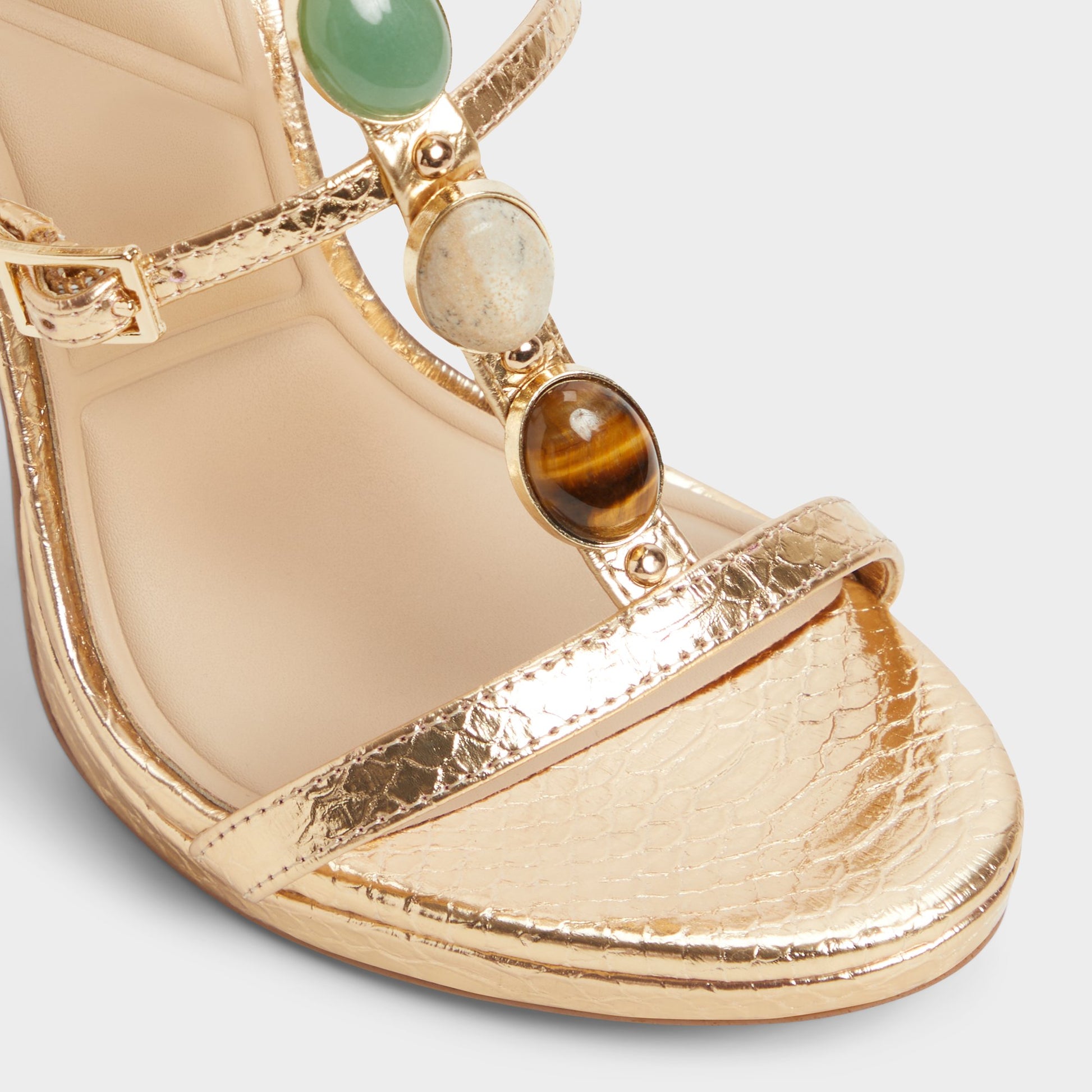 Close-up of the Gold Opalia Strappy heeled sandal