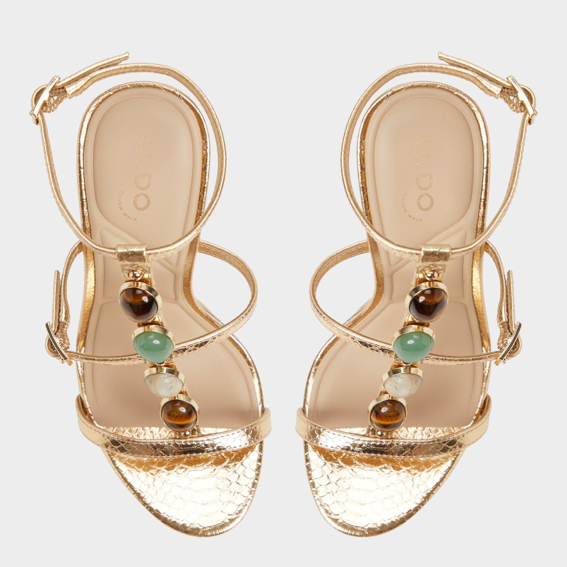 Top-down view of the Gold Opalia Strappy heeled sandal