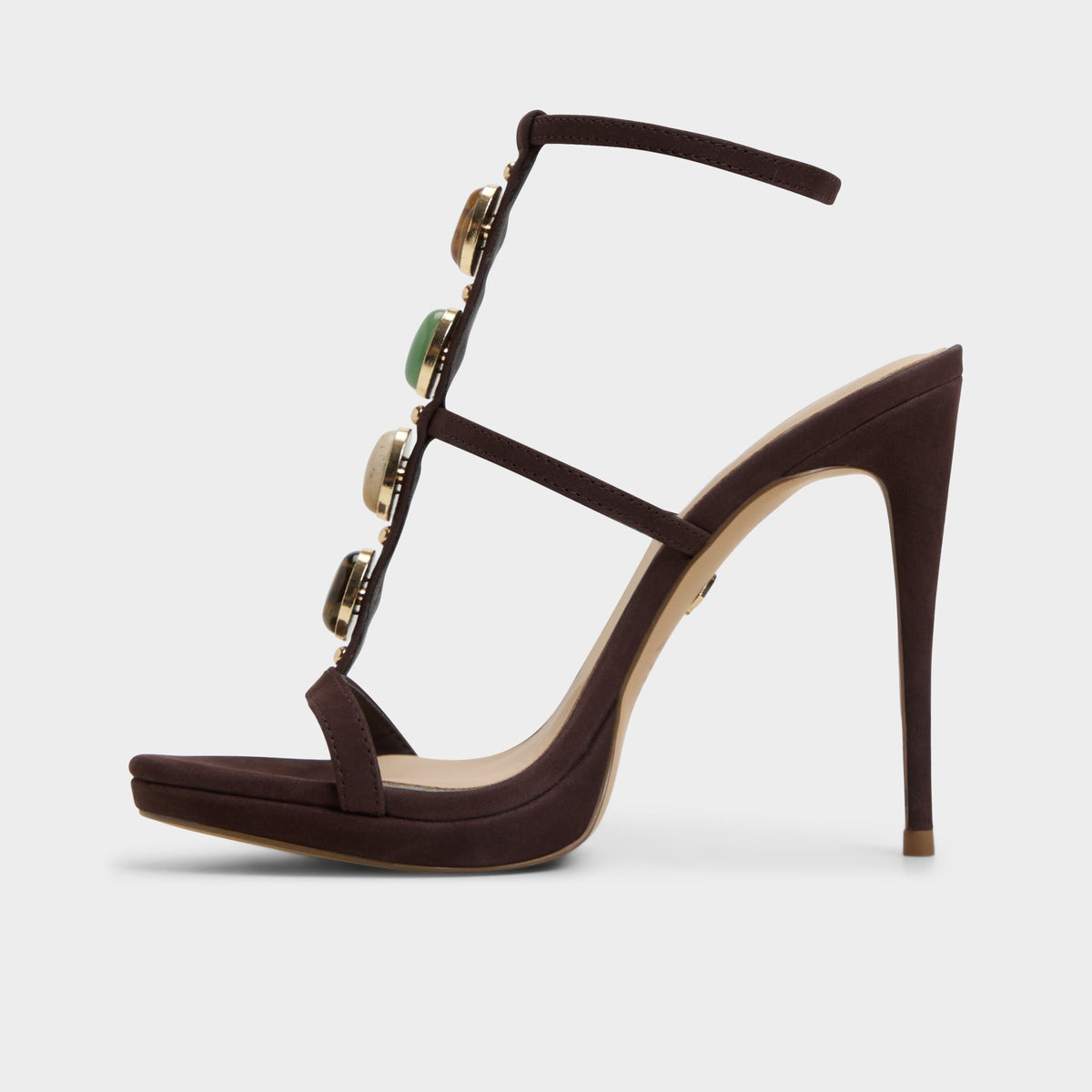 Side view of Dark Brown Opalia Strappy heeled sandal