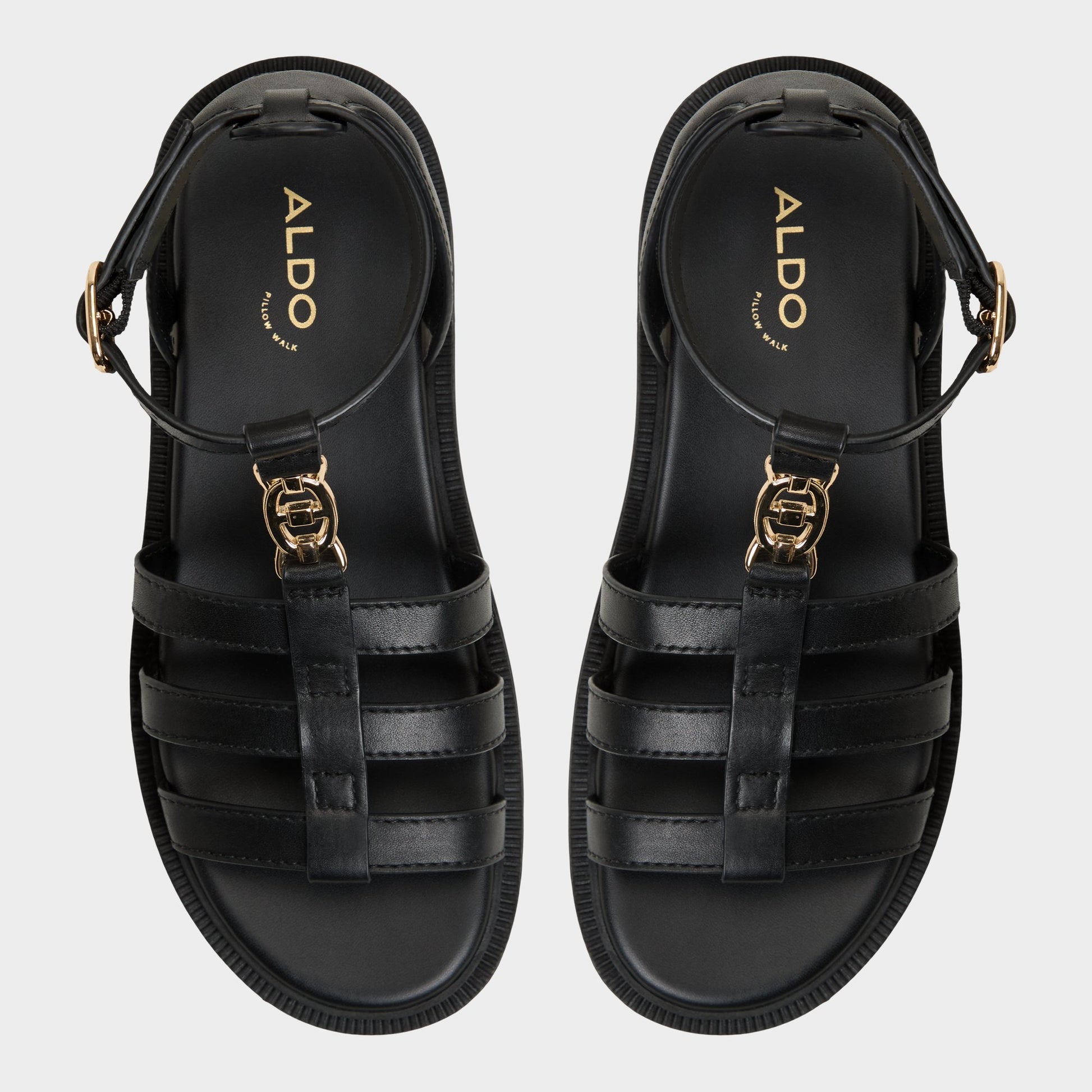 Top-down view of the Black Lamington Gladiator sandal