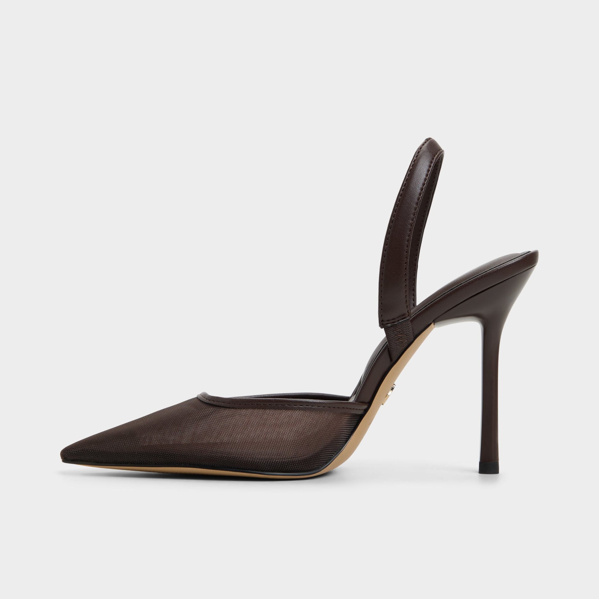 Side view of Dark Brown Berolsen Sling back high heel