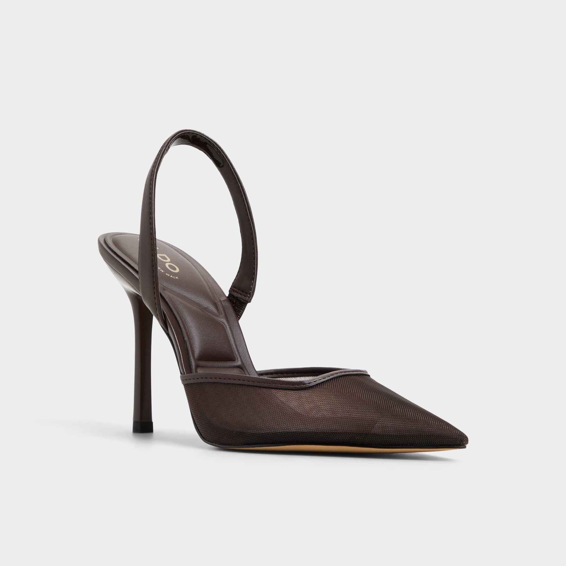 Three-quarter angle of Dark Brown Berolsen Sling back high heel's front side