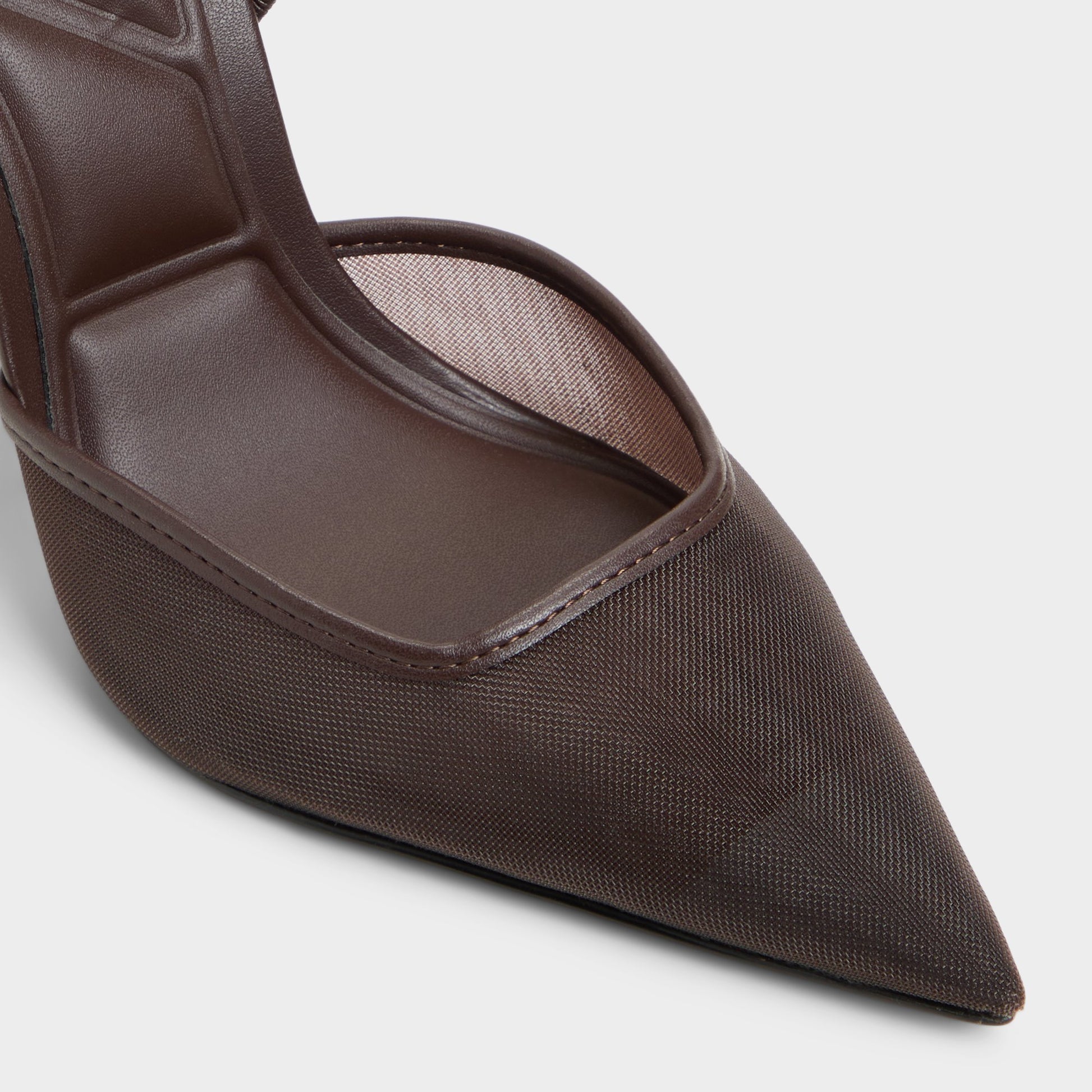 Close-up of the Dark Brown Berolsen Sling back high heel